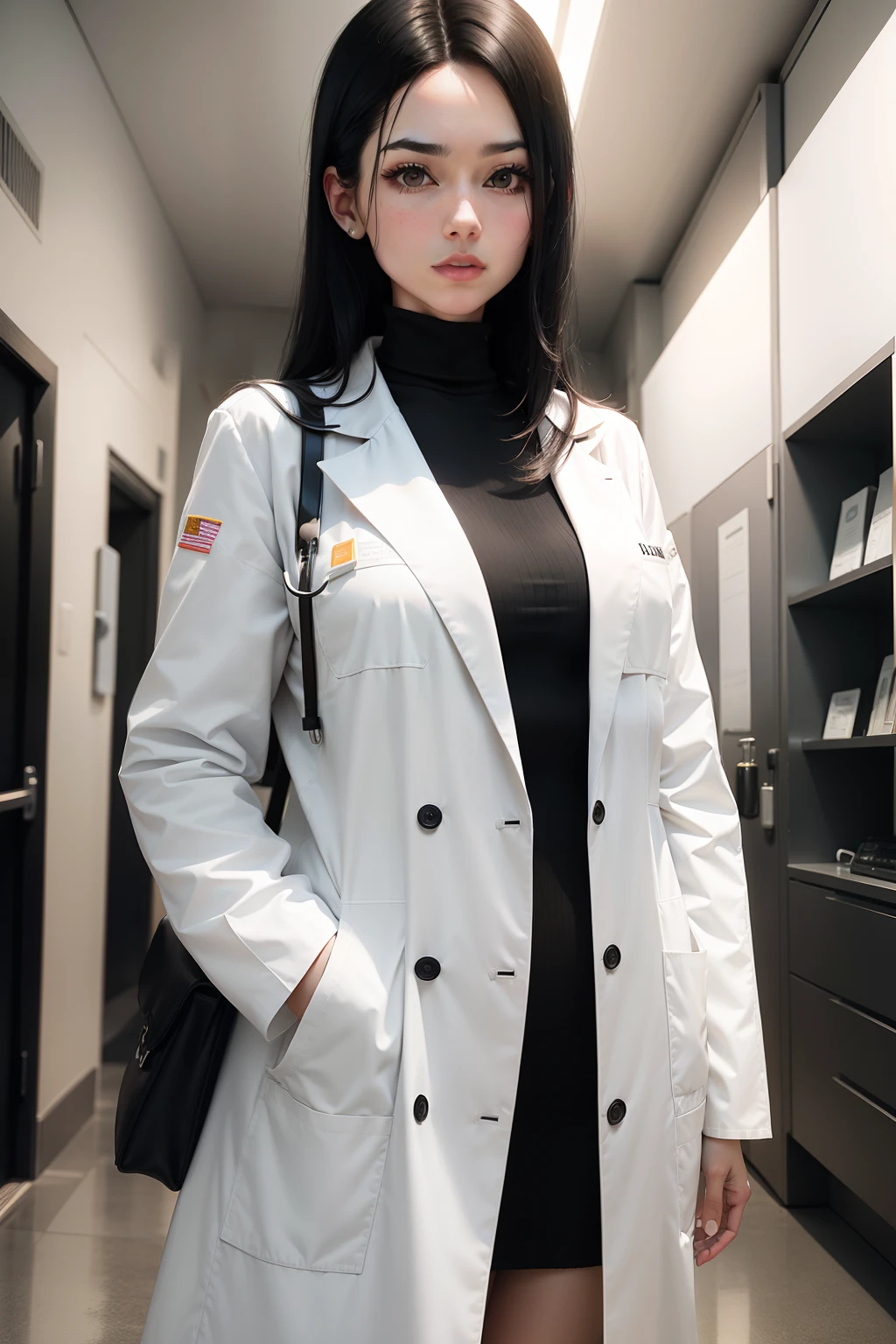 White woman with straight black hair wearing white medical coat