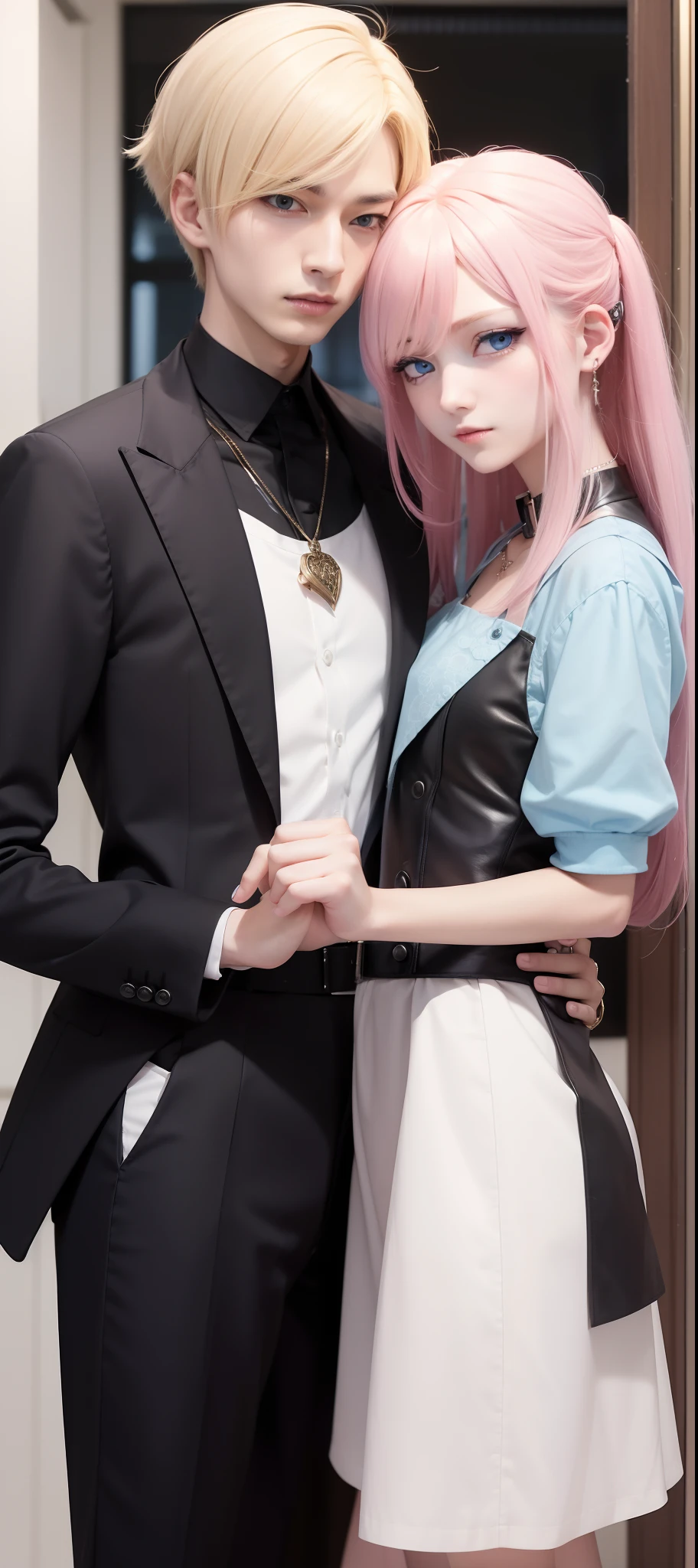 masterpiece, top-quality, 2Others, Male and female couples, 1 man and 1,, Adults, Height difference, different fashion, different color, finely eye and detailed face, intricate detailes, high school summer uniform, High school students, Oversized shirt, In front of the main entrance, Hands on back, A smile, Happiness, tenderness, youthfulness, high-level image quality、 Beautiful men and women、tall、hug from behind、Trying to kiss、Kissing each other, window、nightfall、nighttime scene、𝓡𝓸𝓶𝓪𝓷𝓽𝓲𝓬、Korean Male, Idol Photos, k pop, Professional Photos, Vampires, Fedoman with necklace, inspired by Sim Sa-jeong, androgynous vampire, :9 detailed face: 8, extra detailed face, detailed punk hair, ((asa)) baggy eyes, Seductive. Highly detailed, semi realistic anime, Vampires, hyperrealistic teen, delicate androgynous prince, imvu, short hair above the ears, Man with short hair, Woman with long hair, With a man with a glaring expression, Woman with a gentle expression, ((With a man with blonde short hair and light blue eyes)), ((Woman with pretty long pink hair and light blue eyes)),