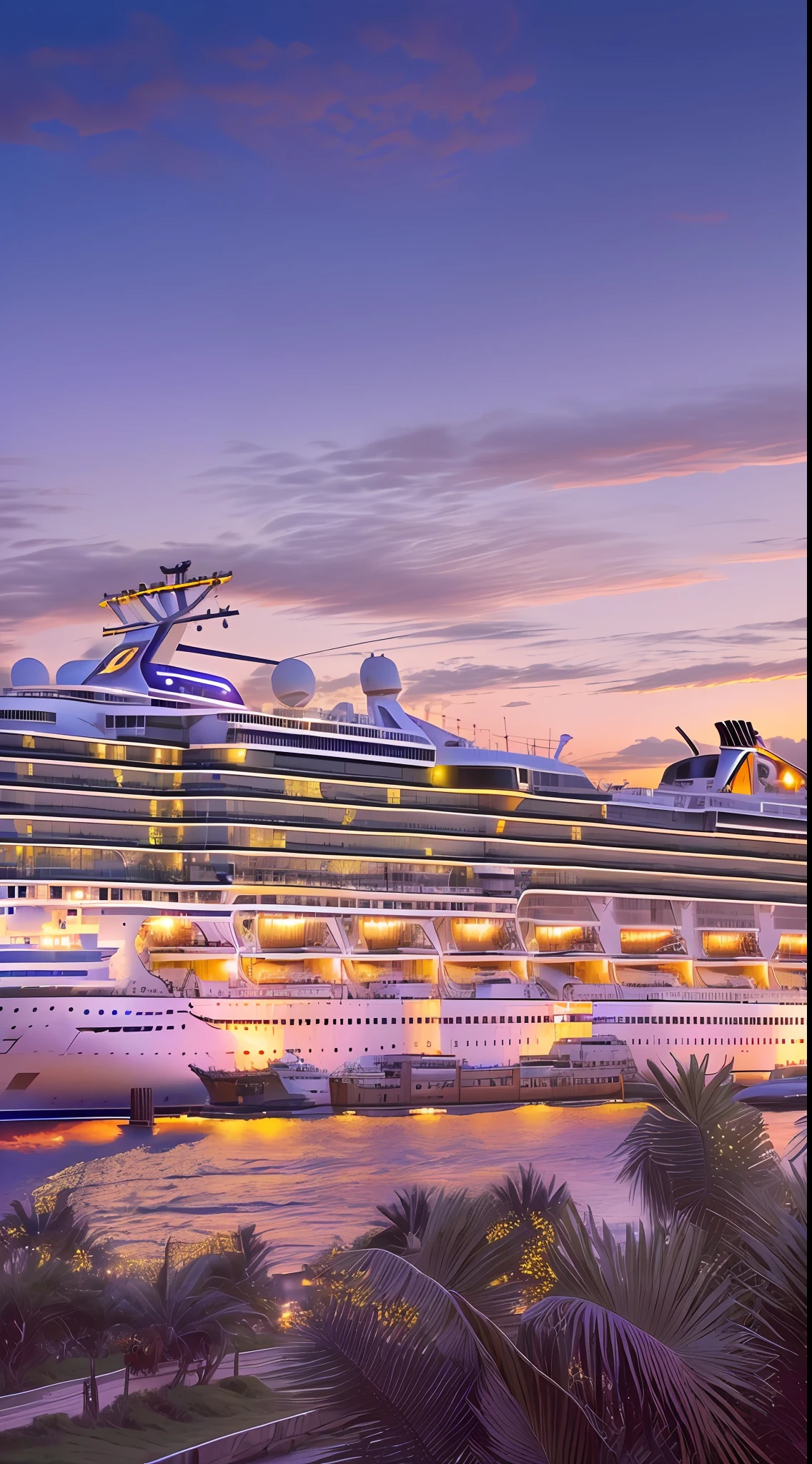 Cruise ship moored ARAFLY on the water at sunset, beautiful high resolution, ao nascer do sol, fan favorite, Obra-prima da luz brilhante, carnaval, Iluminado em uma luz do amanhecer, EUA-Set 20, tiro exterior, Directed by: Dennis Flanders, aceso de lado, scenic full shot, Grande Final, foto aprimorada, brilho matinal, bela obra-prima, postprocessed, atracado no porto