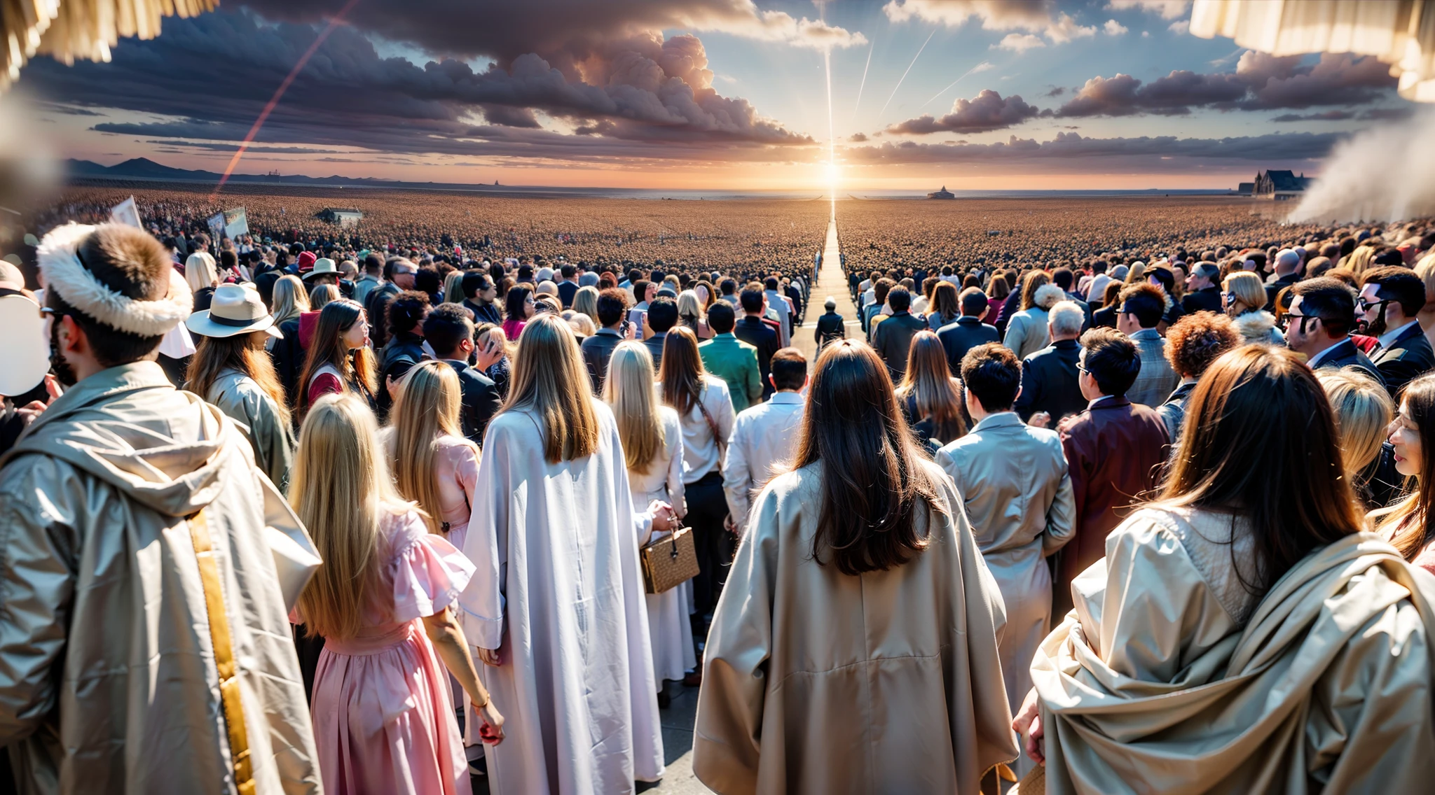 A stunning image depicting the Doomsday scenario, conforme descrito em Apocalipse 20:11. O trono branco onde Jesus se senta se destaca na cena, Before Jesus an immense multitude of people, Everyone is in the clouds, There is no heaven or earth, simbolizando a majestade divina. Powerful angels are present, solemnly watching the opening of the books, representing the records of each individual's actions. an untold crowd of people, aguardando seu destino eterno. The mood is one of reverence and awe before the divine justice that will be established.