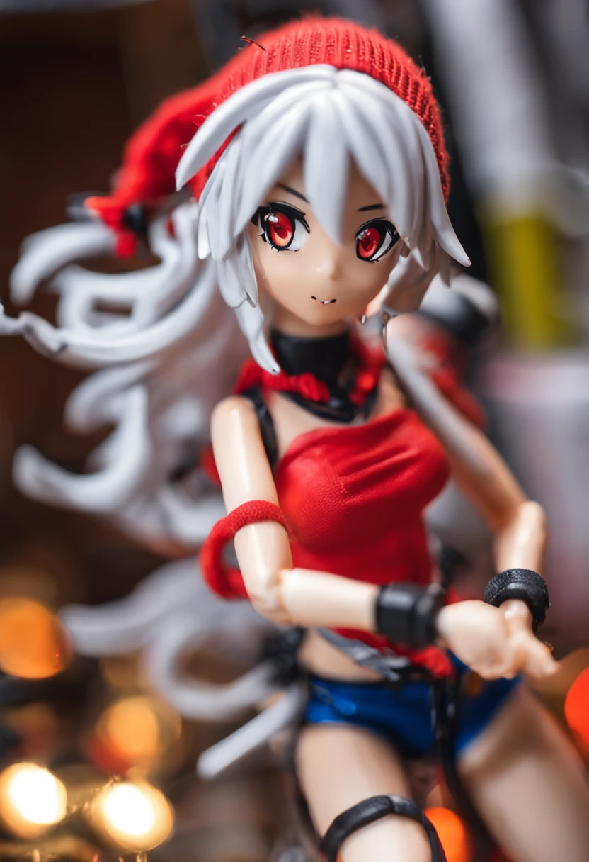 ::style focused Photo, a detailed anime girl, white hair, wearing a red beanie, wearing lingerie, (action figure) , real toy, attack pose, plastic, toy, Photo ::n_style anime, drawing, unreal, unfocused