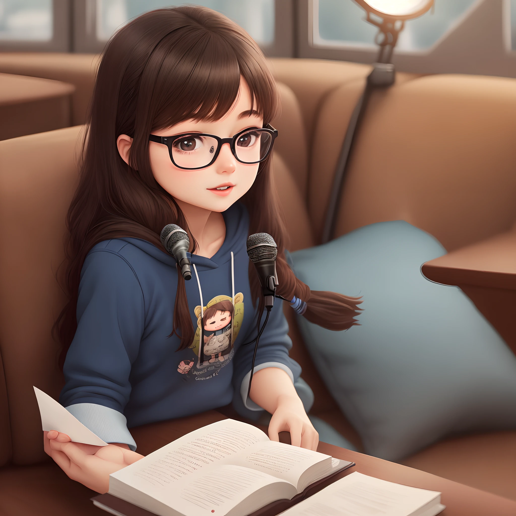 A girl wearing glasses reading a book with a microphone, sala cheia de ursos, Chibi