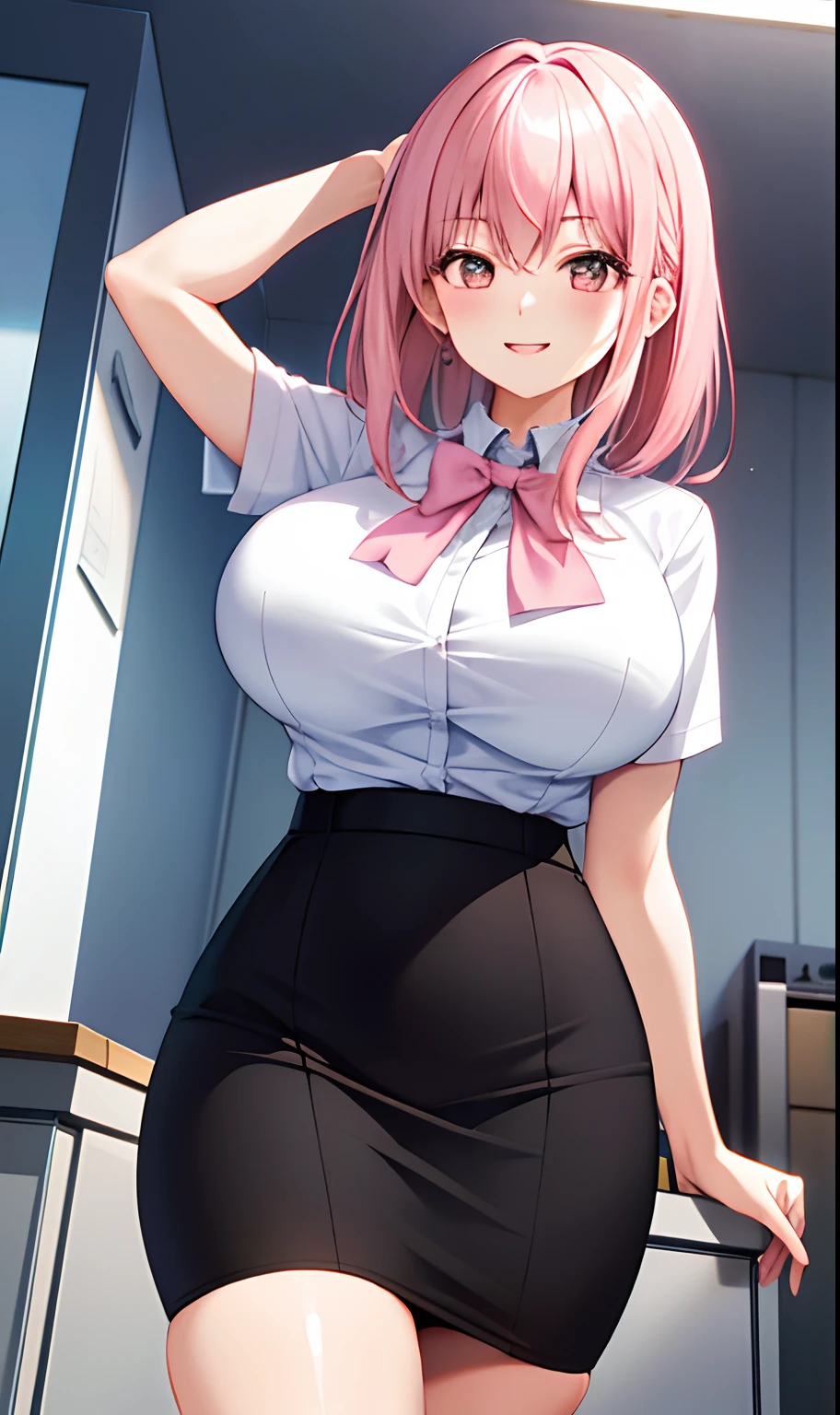 ((tmasterpiece,Need)),(1girl),((A MILF)),Light pink hair,big-areola((office lady)),By bangs,middlebreast,(plumw),slim,ssmile,[Wide hips],office,