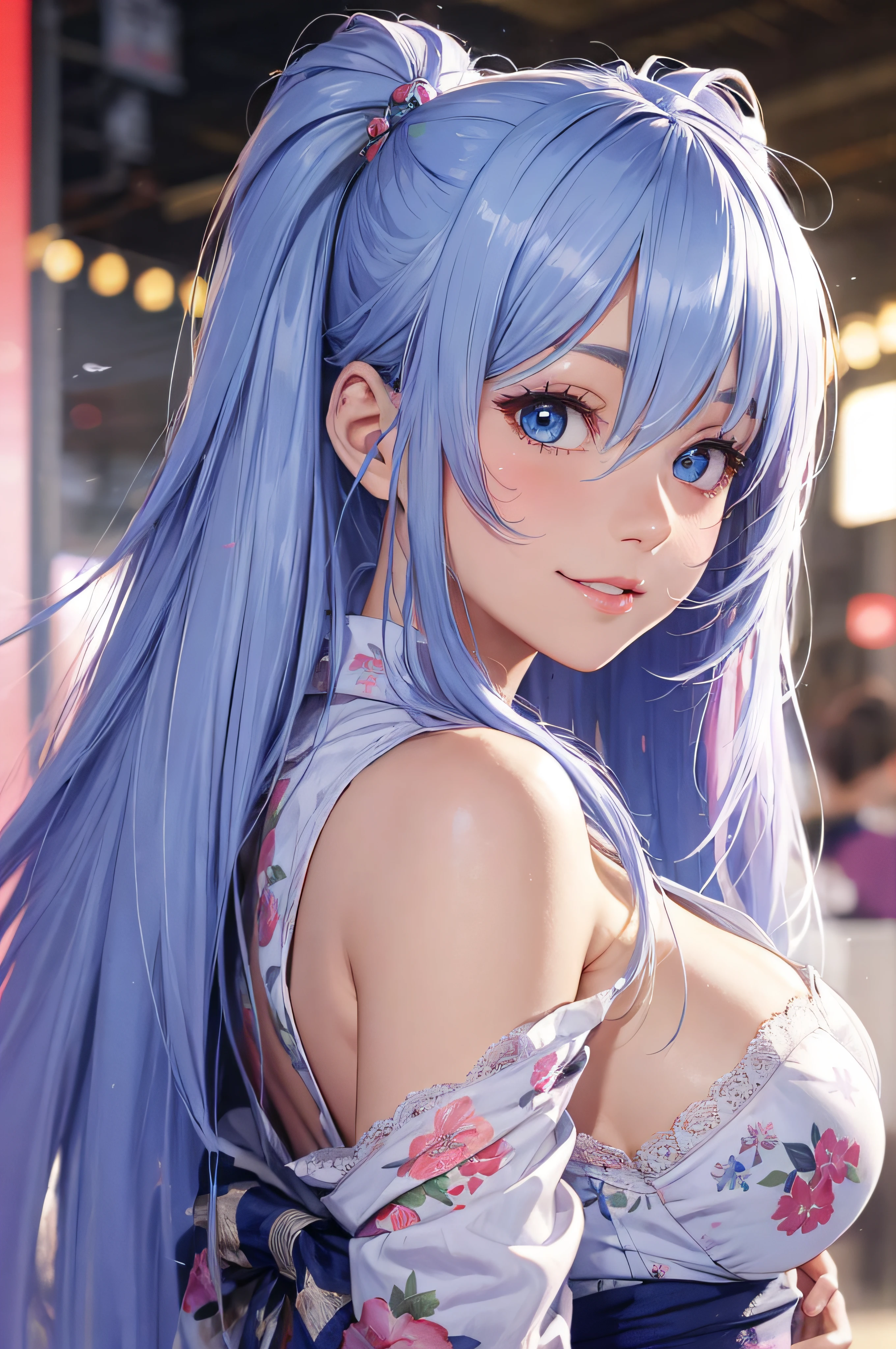 8K picture quality、top-quality、masutepiece、An ultra-high picture quality、ultra-detailliert、Ultra-realistic hair quality、Vibrant colors、Beautuful Women、Beautiful long hair、Shiny hair、detailed hairs、blue hairs、poneyTail、Blue eyes、shinny skin、Lace underwear、Very gigantic-breasts、Sweat on the forehead and cheeks、extremely big ass、Fluffy off-shoulder yukata、A smile、soft pink lips、Ultra-realistic flesh feeling、Red cheeks、summer festival in background