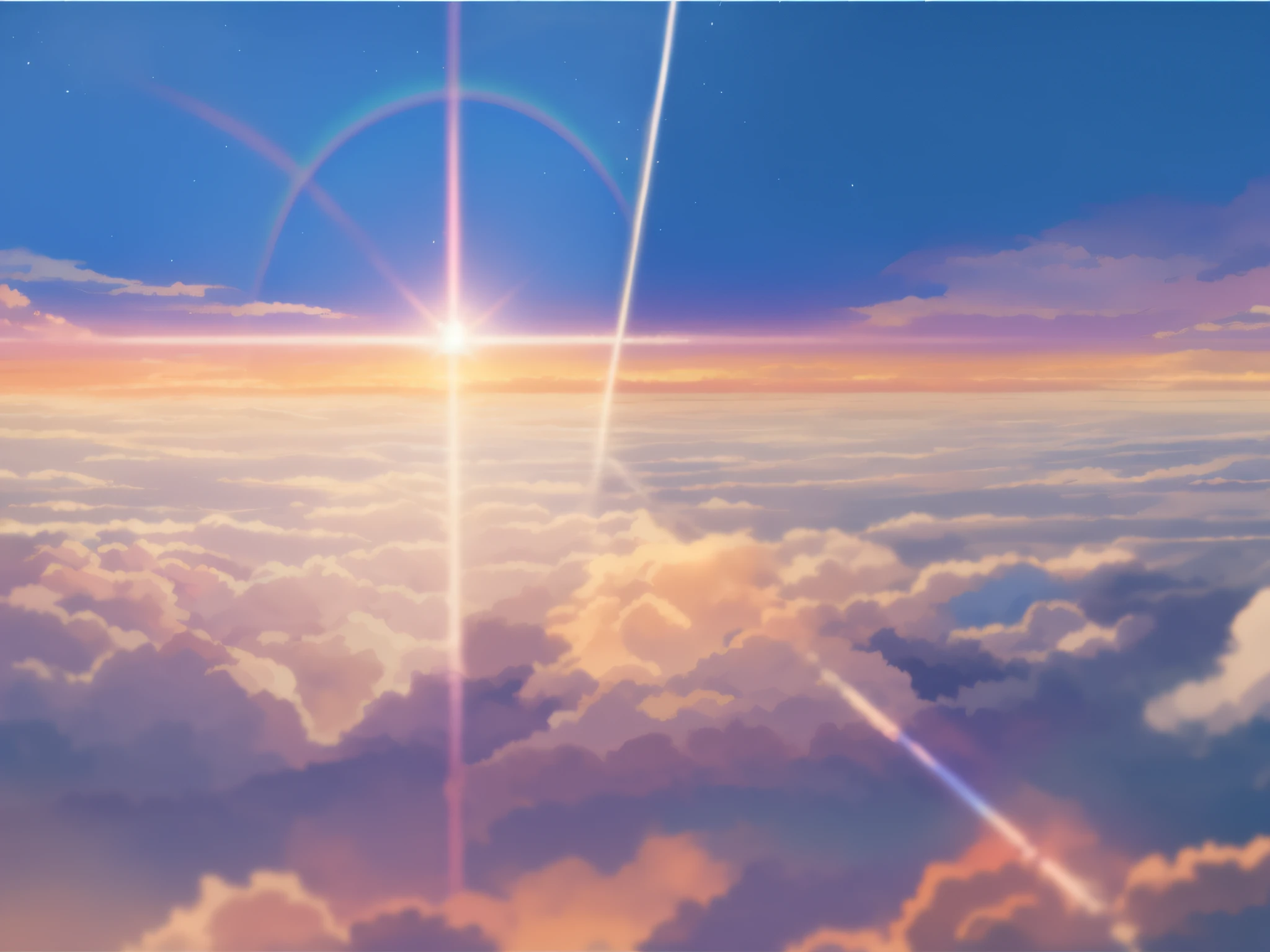 Close-up of sky with clouds and rainbow, Makoto Shinkai. —h 2160, Your name, ( ( Makoto Shinkai ) ), Cosmos Sky. By Makoto Shinkai, studio ghibli sunlight, your name movie style, in the style of makoto shinkai, Makoto Shinkai's style