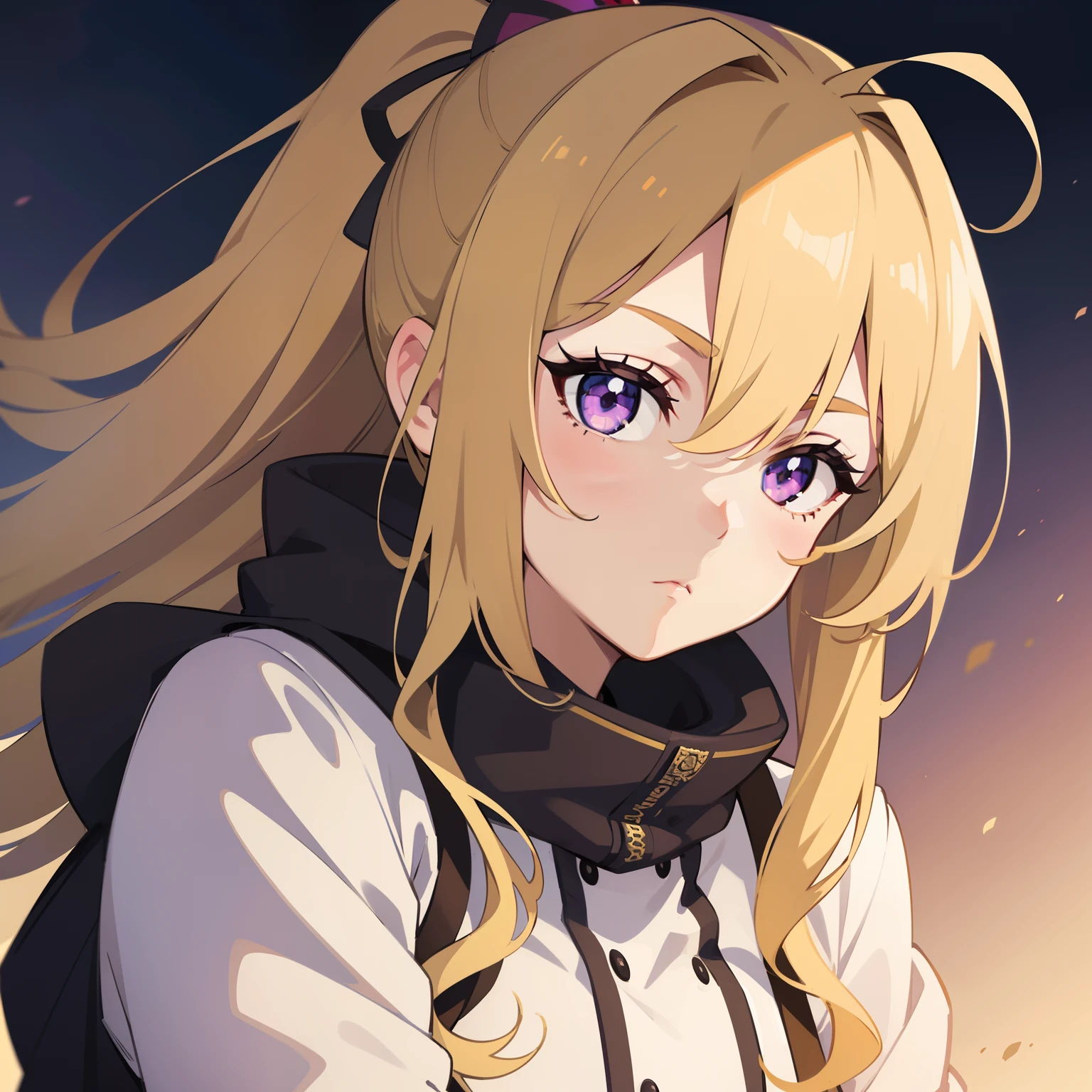 1girl, masterpiece, beautiful face, perfect lighting, portrait, anime characters, original character, digital art, sharp detail, Kyoto animation style, woman, young adult, gorgeous face, blonde wavy hair, ponytail, purple eye pupil, brown winter jacket, flat expression