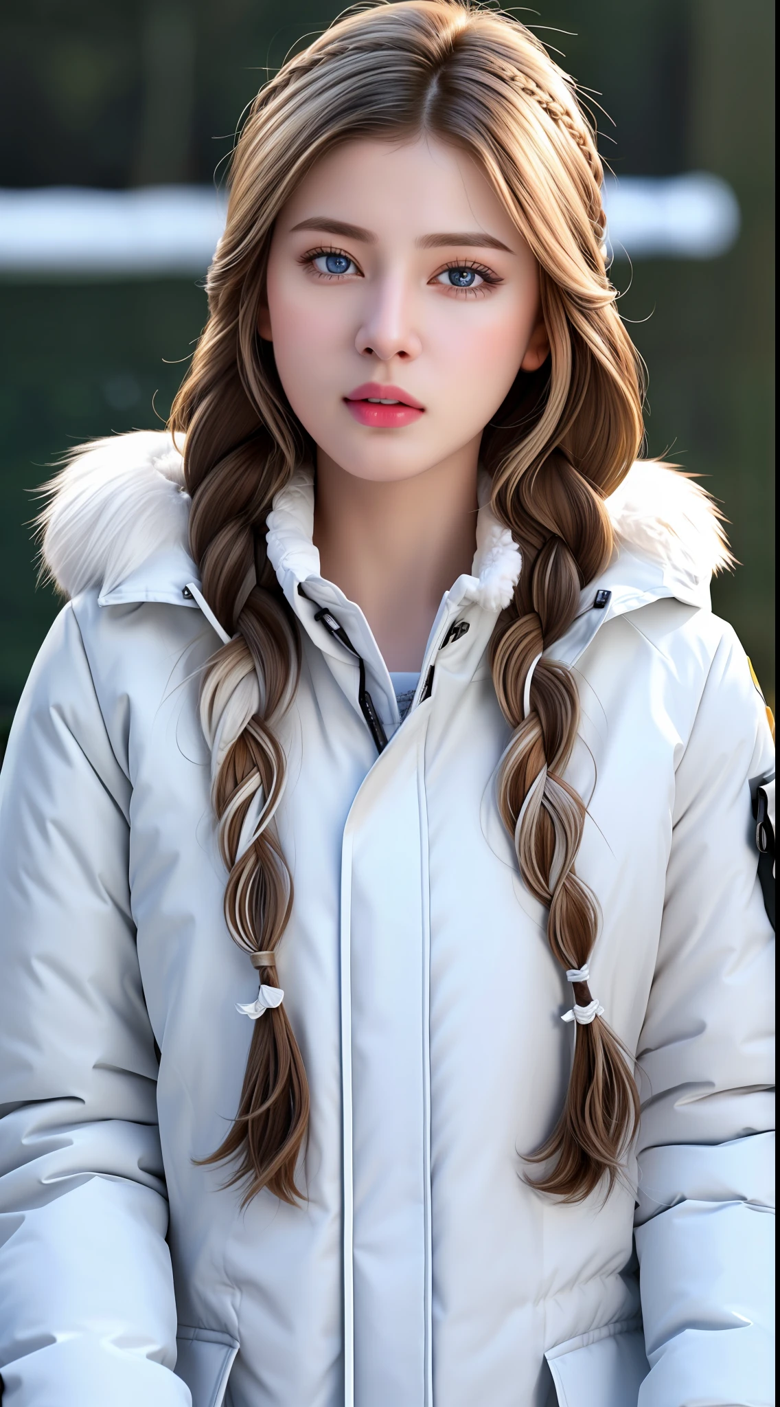 (hyperrealistic), (illustration), (high resolution), (8K), (extremely detailed), (best illustration), (beautiful detailed eyes), (best quality), (ultra-detailed), (masterpiece), (wallpaper), (photorealistic:1.4), (natural light), (rim lighting), (detailed face), high detailed realistic skin texture, anatomically correct, solo, 1 girl, (high detailed realistic long white hair:1.5), (two braided hair:1.4), heterochromic eyes, (detailed blue eyes), small moles under the eyes, (realistic big breasts:1.5), long legs, tight abs, dynamic pose, (closed mouth:1.4), (long white Parka with fur only at the collar:1.4), (upon body from head to thighs:1.4), (Beautiful Cute Pakistani Woman:1.55), standing, outdoor, snowing, winter, black sport bra, black tennis skirt,