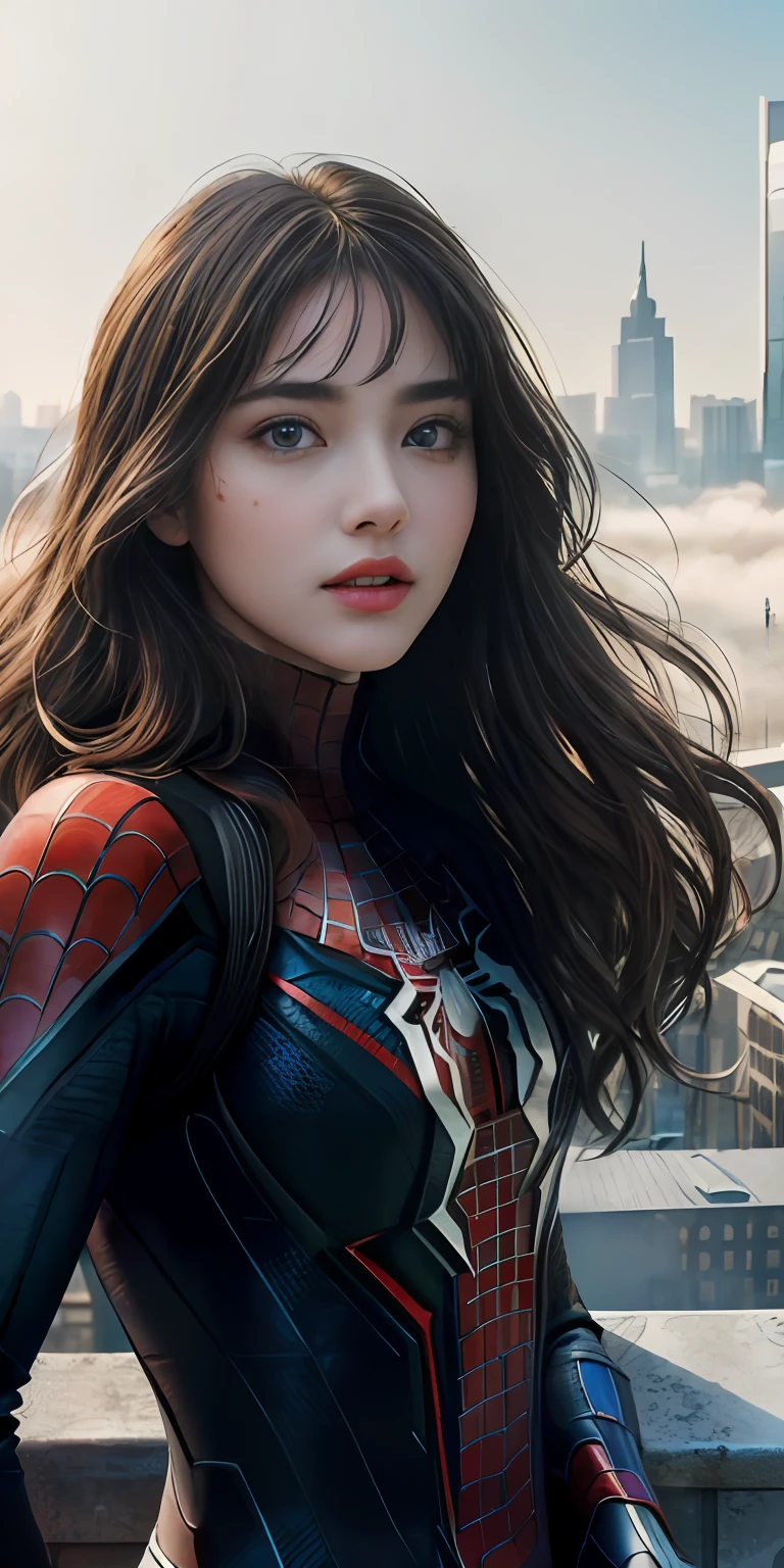 (best quality, masterpiece, colorful, dynamic angle, highest detailed) upper body photo, fashion photography of cute, intense red long hair, Mary Jane in spiderman suit,(ultrahigh resolution textures), in dynamic pose, bokeh, glowing web, (intricate details, hyperdetailed:1.15), detailed, light passing through hair, colorful art flat background(official art, extreme detailed, highest detailed),