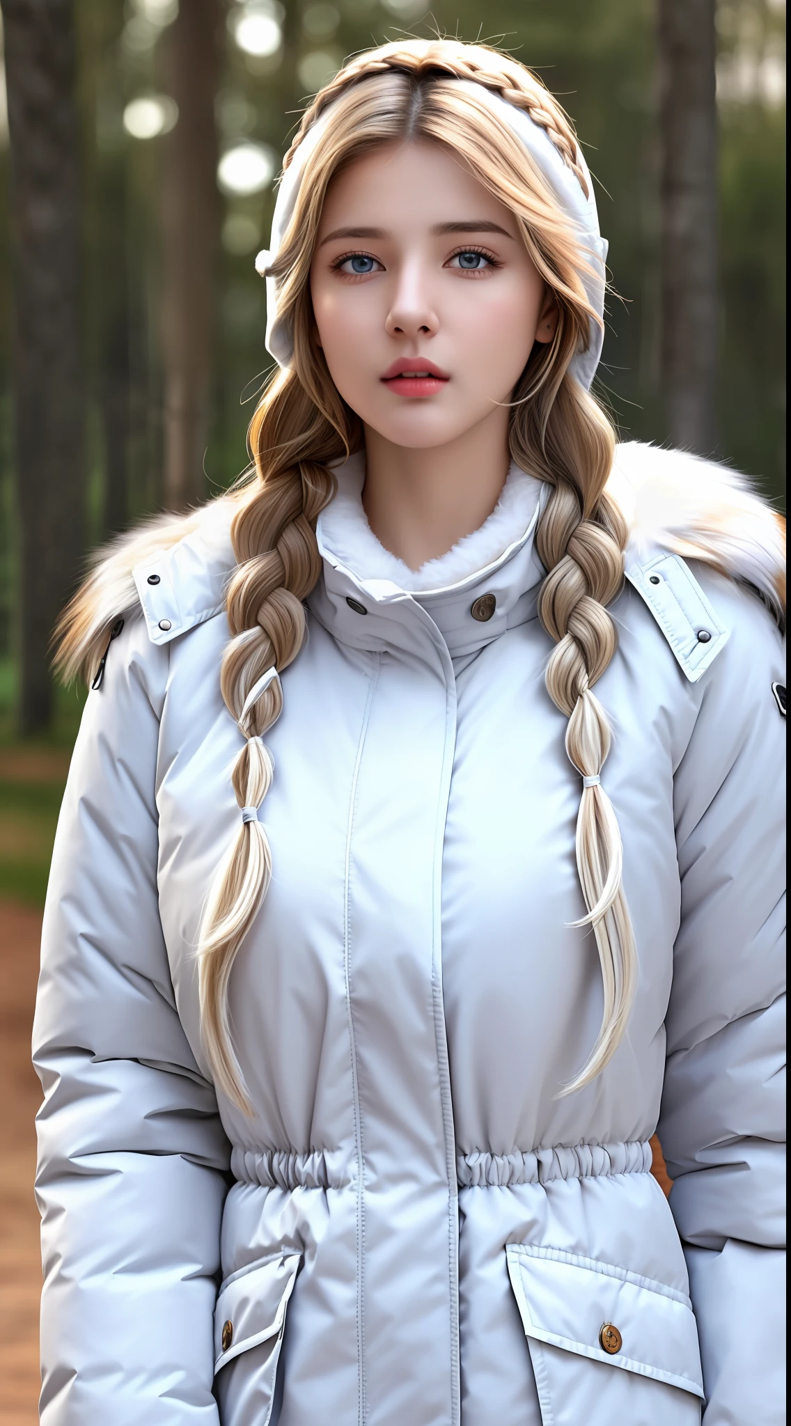 (hyperrealistic), (illustration), (high resolution), (8K), (extremely detailed), (best illustration), (beautiful detailed eyes), (best quality), (ultra-detailed), (masterpiece), (wallpaper), (photorealistic:1.4), (natural light), (rim lighting), (detailed face), high detailed realistic skin texture, anatomically correct, solo, 1 girl, (high detailed realistic long white hair:1.5), (two braided hair:1.4), heterochromic eyes, (detailed blue eyes), small moles under the eyes, (realistic big breasts:1.5), long legs, tight abs, dynamic pose, (closed mouth:1.4), (long white Parka with fur only at the collar:1.4), (upon body from head to thighs:1.4), (Beautiful Cute Pakistani Woman:1.55), standing, outdoor, snowing, winter, black sport bra, black tennis skirt,