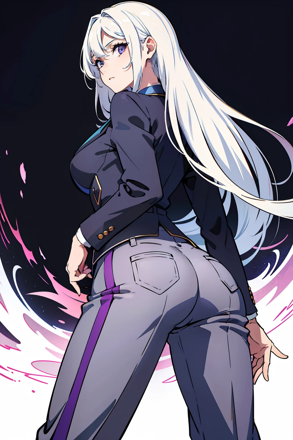 One cocked her ass,Beautiful woman in men's suit,long white hair,Suit trousers,Blue-purple eyes,The focus is on black clothing
