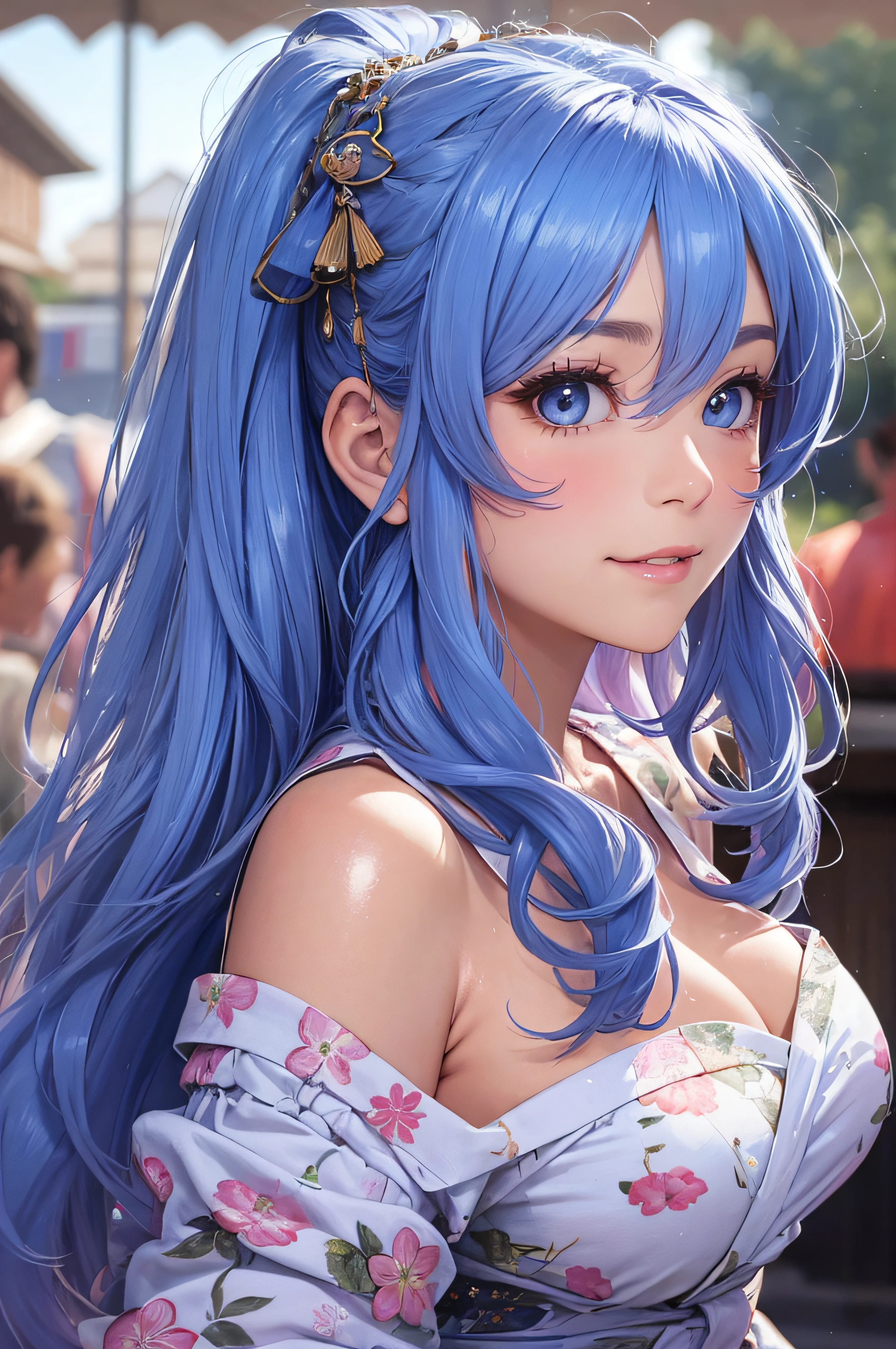 8K picture quality、top-quality、masutepiece、An ultra-high picture quality、ultra-detailliert、Ultra-realistic hair quality、Vibrant colors、Beautuful Women、Beautiful long hair、Shiny hair、detailed hairs、blue hairs、poneyTail、Blue eyes、shinny skin、Lace underwear、Very gigantic-breasts、Sweat on the forehead and cheeks、extremely big ass、Fluffy off-shoulder yukata、A smile、soft pink lips、Ultra-realistic flesh feeling、Red cheeks、summer festival in background