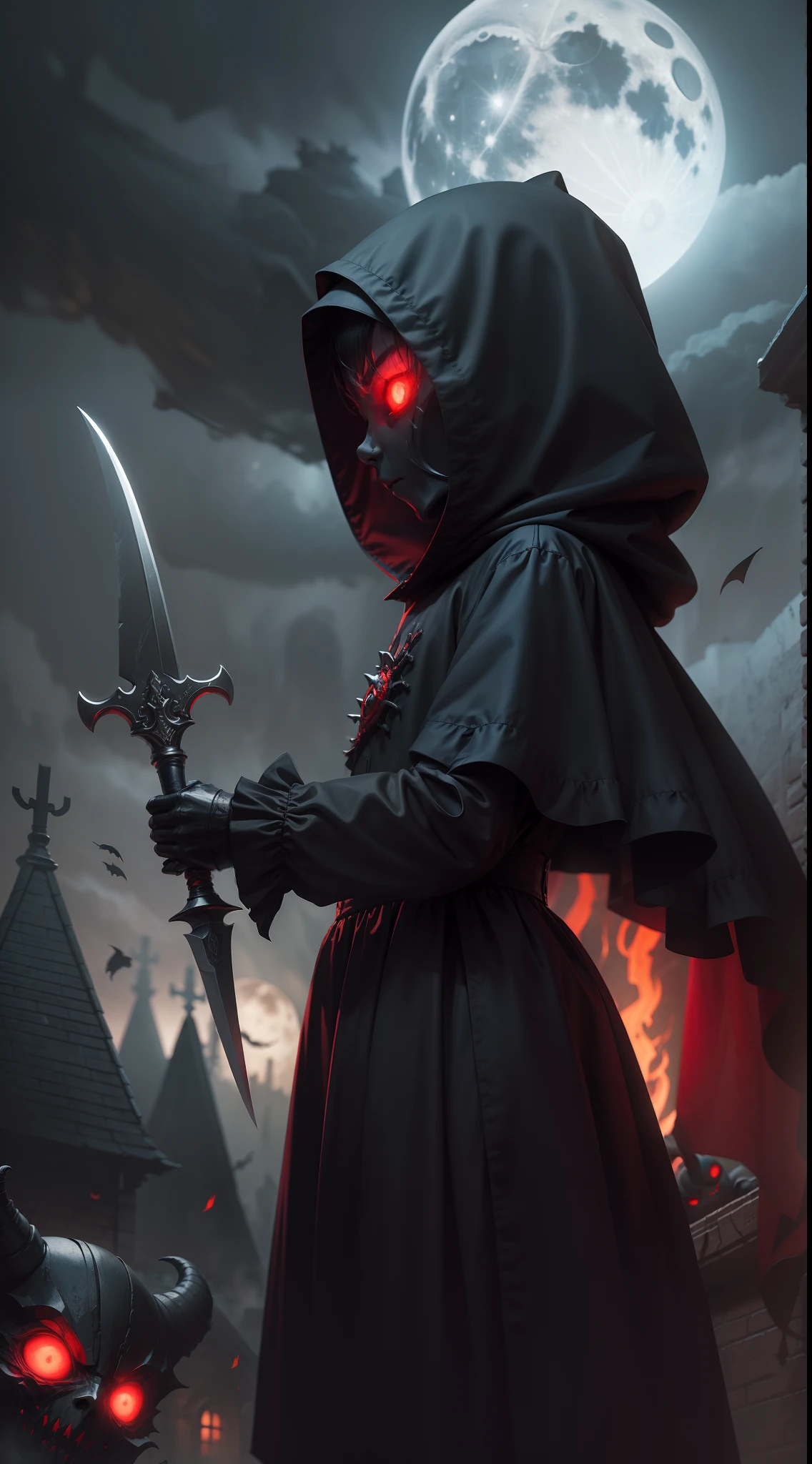 a demonic faceless small_humanoid, with two bladed weapons, scary, horror, night, dark, fall weather, full moon, glowing red eyes, evil, 1600s