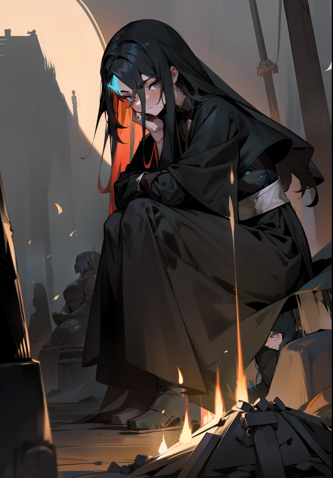 Inside a dimly lit temple，Woman in Black，（Sitting on the ground with legs crossed）Exquisite facial features，（Black veil），cabelos preto e longos，，Sit quietly around the campfire with your eyes closed，，（There was a sword next to her）。The glow of the campfire illuminated Katsuyuki's skin，Black gauze covers the face，Long black hair straight like a waterfall，Feel free to scatter behind him，With the cold wind blowing，The black robe faintly outlines the woman's graceful curves。