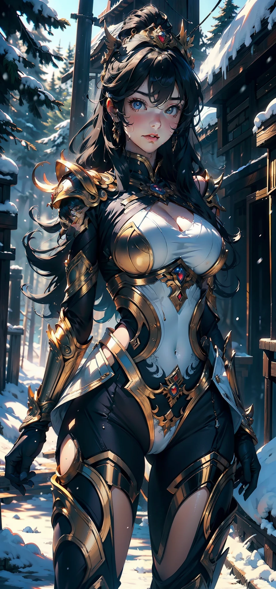 1female,25 age old,Large breasts,Pornographic exposure, 独奏,(Background with:ports,coniferous forest,at winter season,Snow on the ground) Feel free to hairstyle,standing on your feet,Sweat profusely,drenched all over the body,seen from the front, curlies, mostly cloudy sky,(((tmasterpiece),(Very detailed CG unity 8K wallpaper),best qualtiy,cinmatic lighting,detailed back ground,beatiful detailed eyes,Bright pupils,(Very fine and beautiful),(Beautiful and detailed eye description),ultra - detailed,tmasterpiece,)),facing at camera,A high resolution,ultra - detailed),revealing breasts,Bare genitalia, Bulge,Camel toes,Raised sexy,Flushed complexion,Open-mouthed,frontage,,Gold Saint Seiya,Armour
