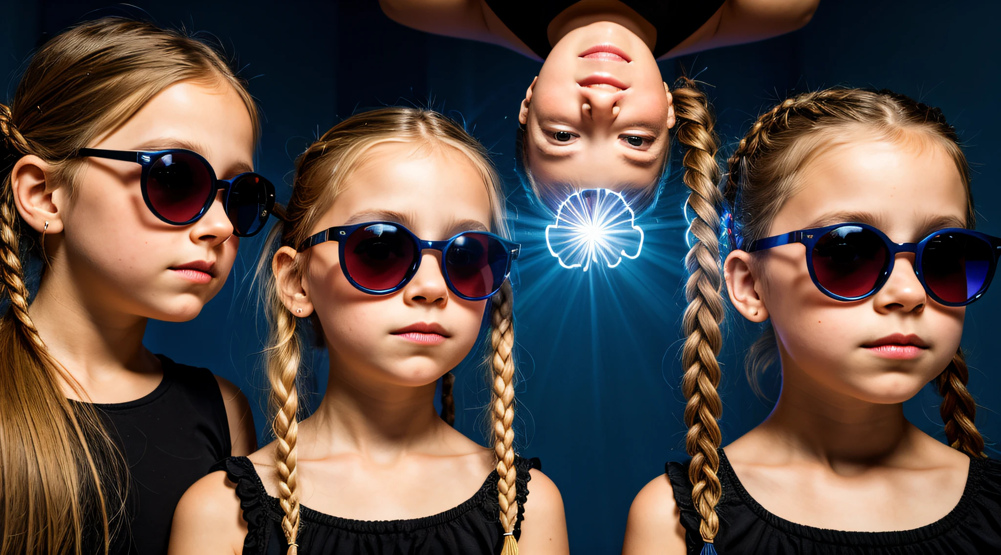 Three blonde girls children in braids with sunglasses holding lit candles in front of a blue background, 3 sisters look into the mirror, color studio portrait, meninas jovens, in a row, simetria!! retrato, childrens, profissionalmente retocado, beautiful highly symmetric faces, childrens, Directed by: Jan Rustem, pintado digitalmente, identical picture, symmetrical centered portrait, twins, photo illustration, Clones