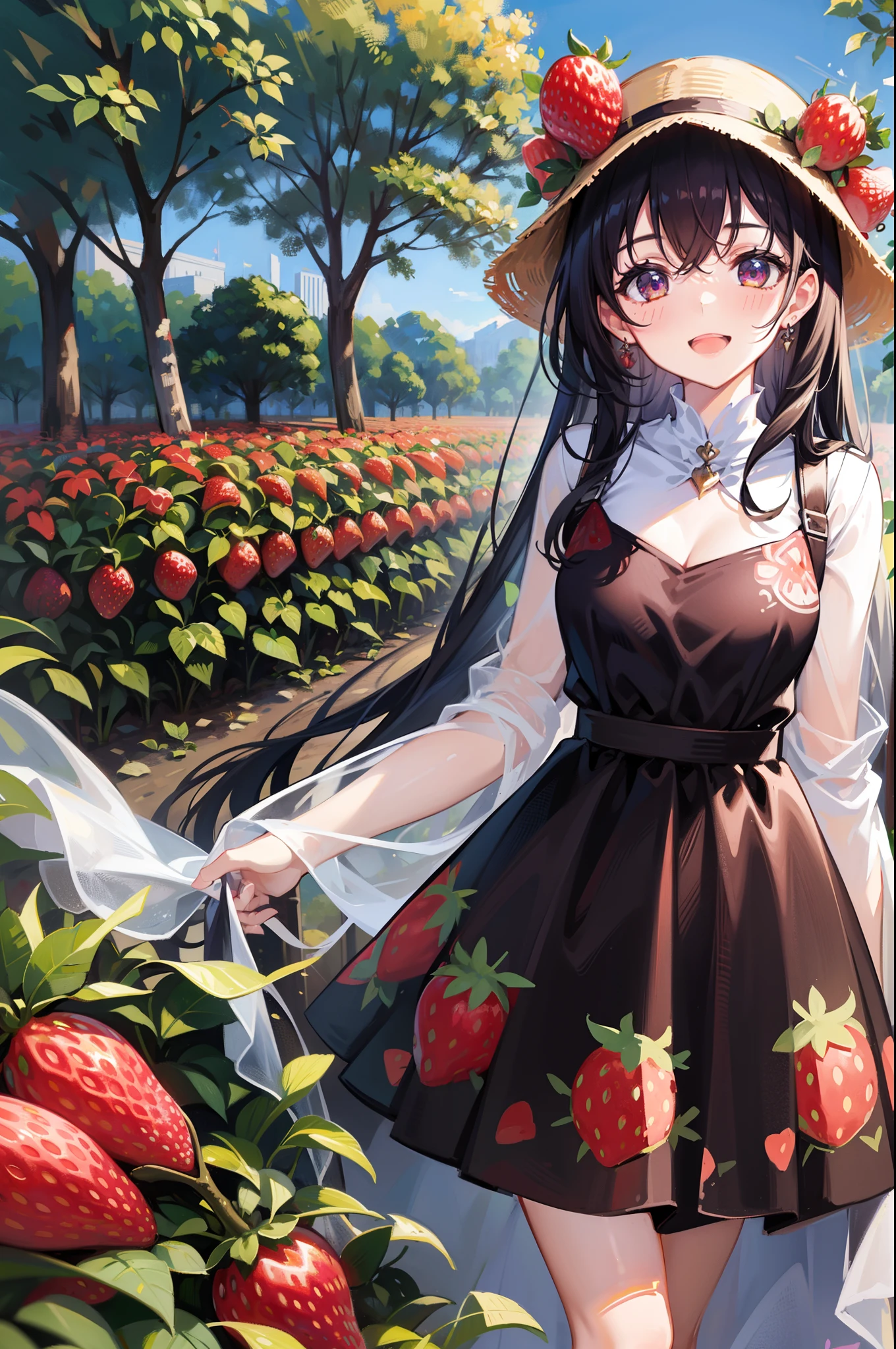 1girl, wearing a (rose print) dress, in a ((strawberry field)), happy and smiling, mythical world with giant fruit  🍓