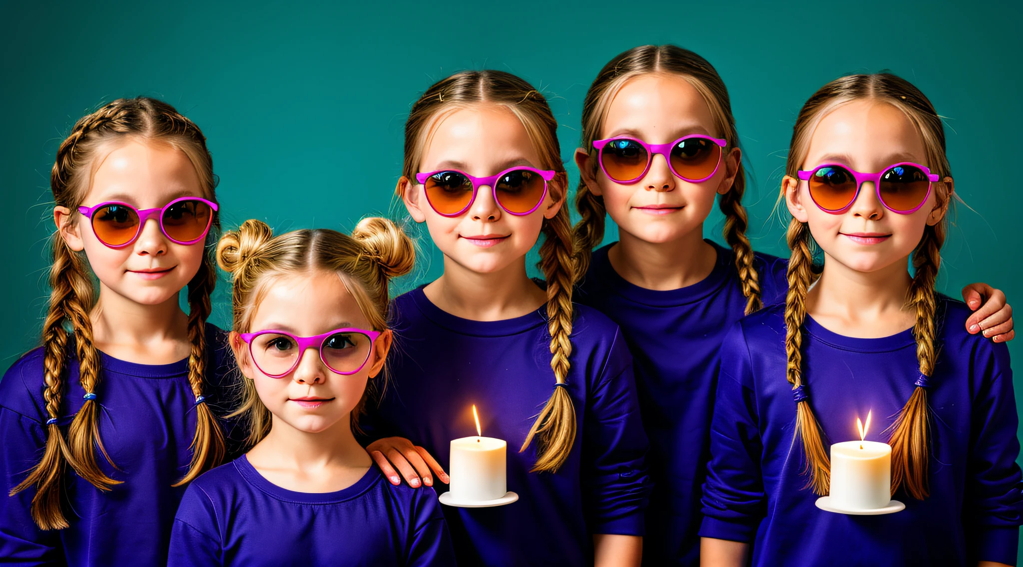 Three blonde girls children in braids with sunglasses holding lit candles in front of a blue background, 3 sisters look into the mirror, color studio portrait, s jovens, in a row, simetria!! retrato, childrens, profissionalmente retocado, beautiful highly symmetric faces, childrens, Directed by: Jan Rustem, pintado digitalmente, identical picture, symmetrical centered portrait, twins, photo illustration, Clones