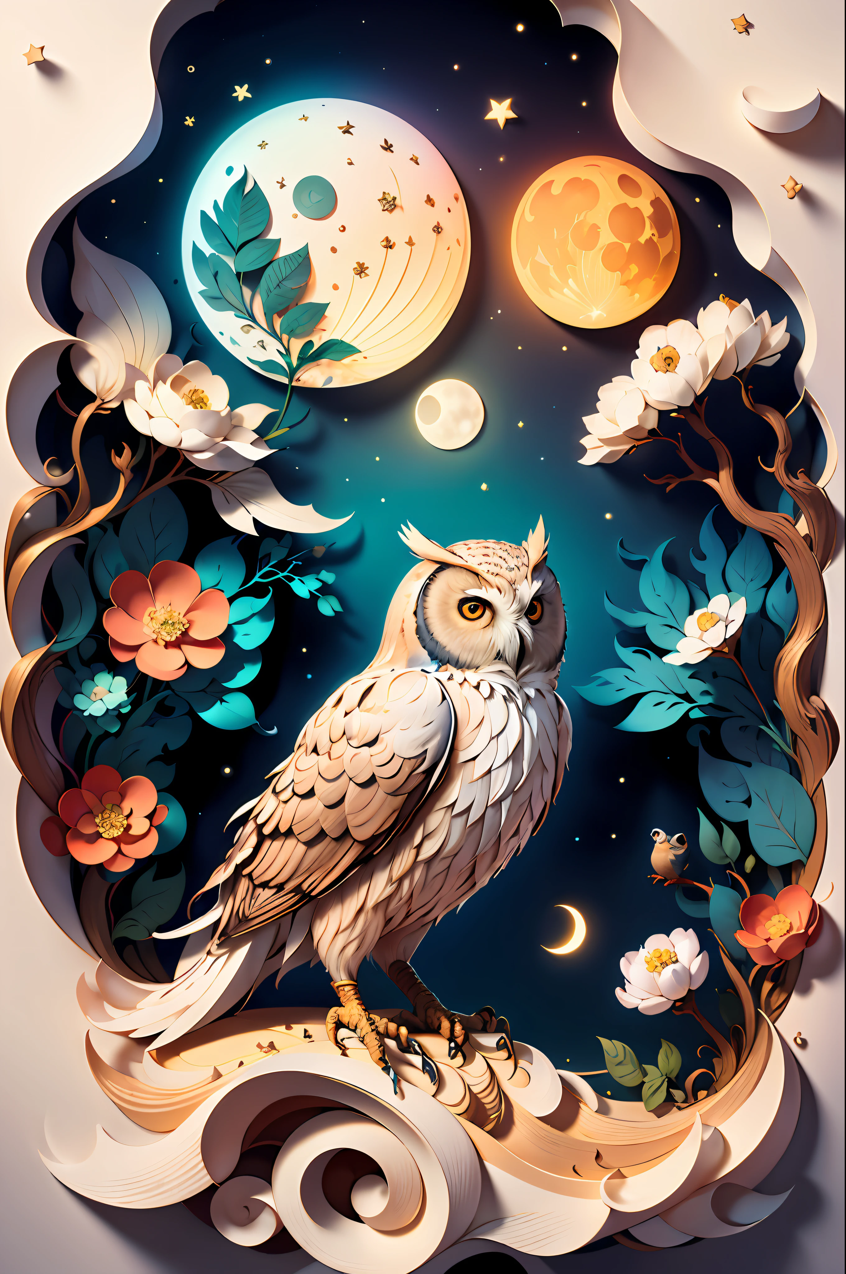 (((masterpiece))),bestquality,illustration,beautifuldetailedglow,
paper_cut,   owl, tree,moon,