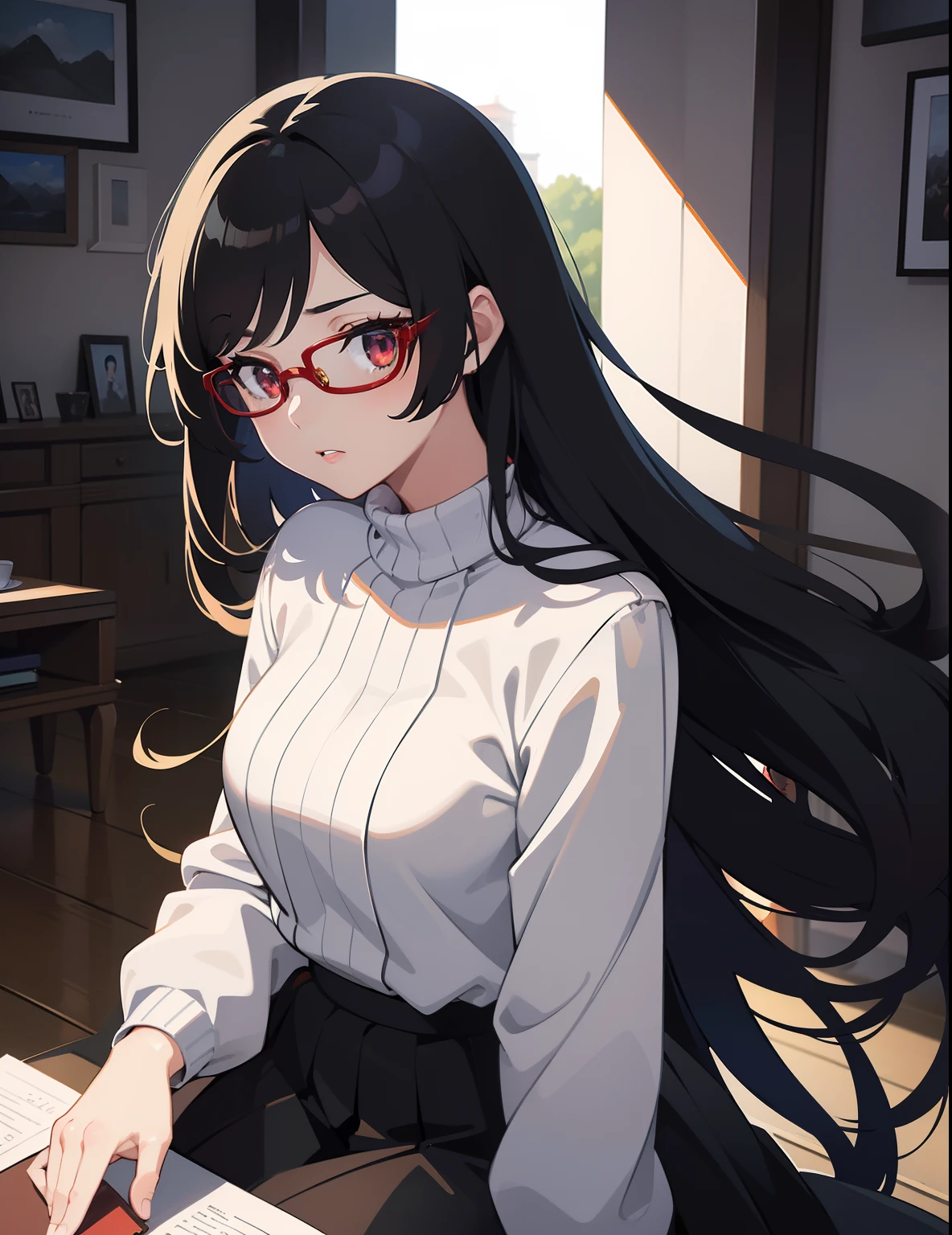 1girl, masterpiece, beautiful face, perfect lighting, portrait, anime characters, original character, digital art, sharp detail, Kyoto animation style, woman, young adult, gorgeous face, long black hair, red eye pupil, glasses, white sweater, long white sleeve, bold face, black skirt, full body, character concept
