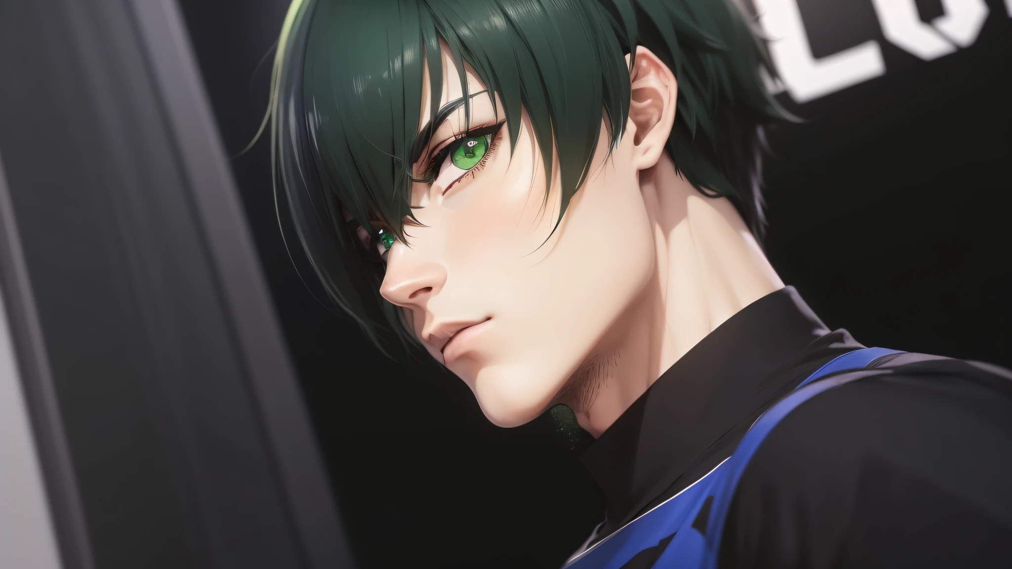 menino anime com olhos verdes e uma camisa preta com um colarinho preto, with a serious look and green aura around him, badass anime 8k e cabelo esverdeado