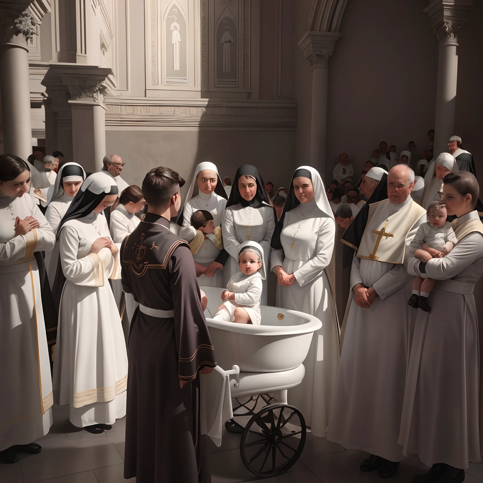 Maisie Williams, masterpiece quality, (masterpiece quality:1.5), realistic, inside catholic cathedral, church altar in background, church parishioners sitting on pews in background, wearing nun habit, naked body, gigantic breasts, (gigantic breasts:1.5), sexy pose, fat belly, (fat belly:1.5), bare breasts, bare belly, (bare breasts:1.5), immobile from fat, immobile blob, 2 girls, two girls, (two girls:1.9),