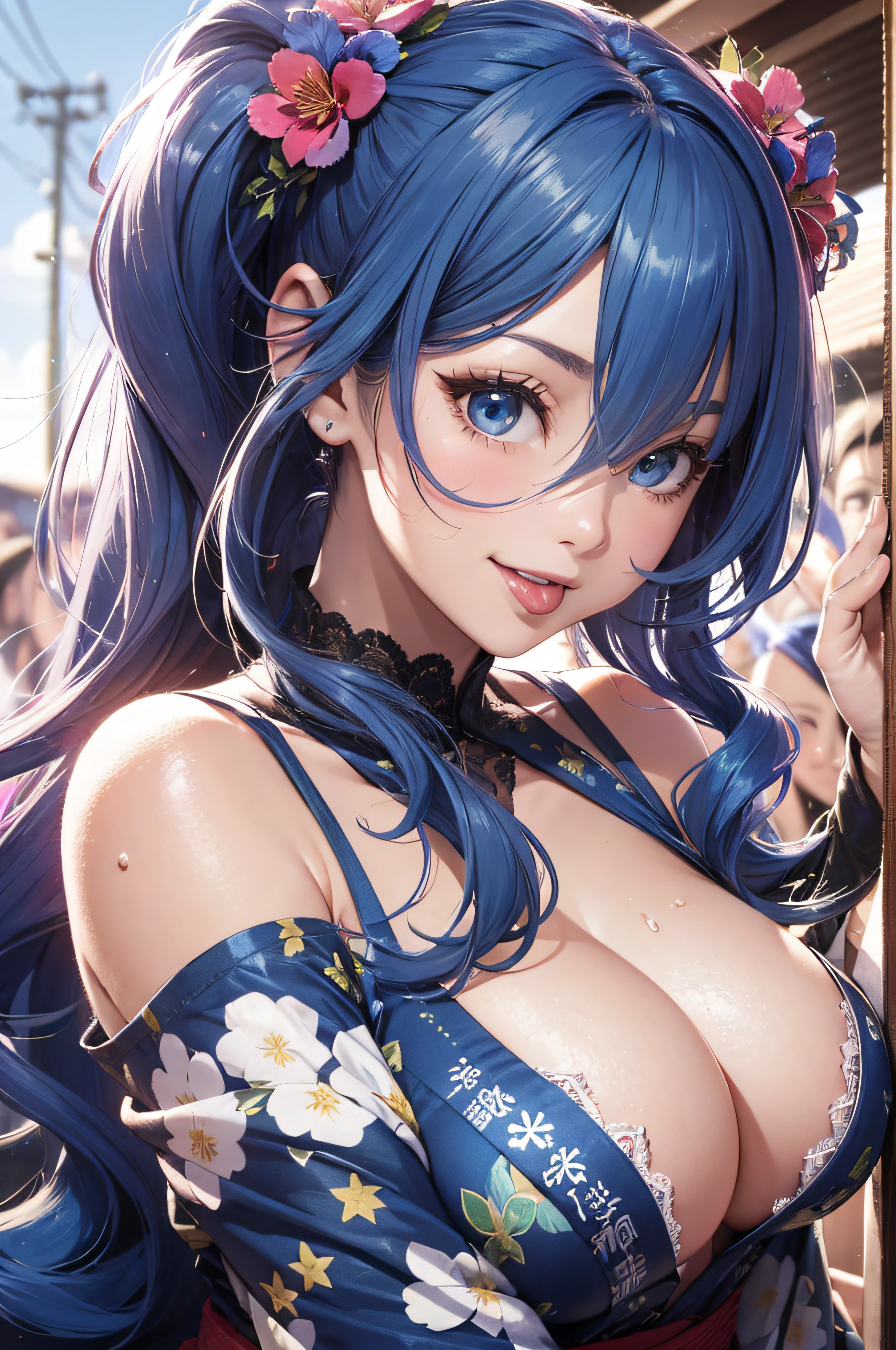 8K picture quality、top-quality、masutepiece、An ultra-high picture quality、ultra-detailliert、Ultra-realistic hair quality、Vibrant colors、Beautuful Women、Beautiful long hair、Shiny hair、detailed hairs、blue hairs、poneyTail、Blue eyes、shinny skin、Lace underwear、Very gigantic-breasts、Sweat on the forehead and cheeks、extremely big ass、Fluffy off-shoulder yukata、A smile、pink tongue、Ultra-realistic flesh feeling、Red cheeks、summer festival in background