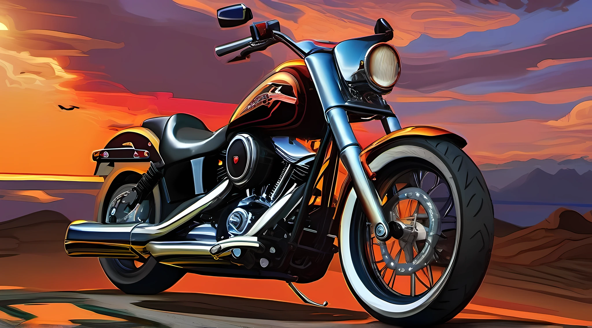 moto harley davidson, trilha na montanha, sun sunset, maritime horizon, detalhes intrincados, highes definition, 8k