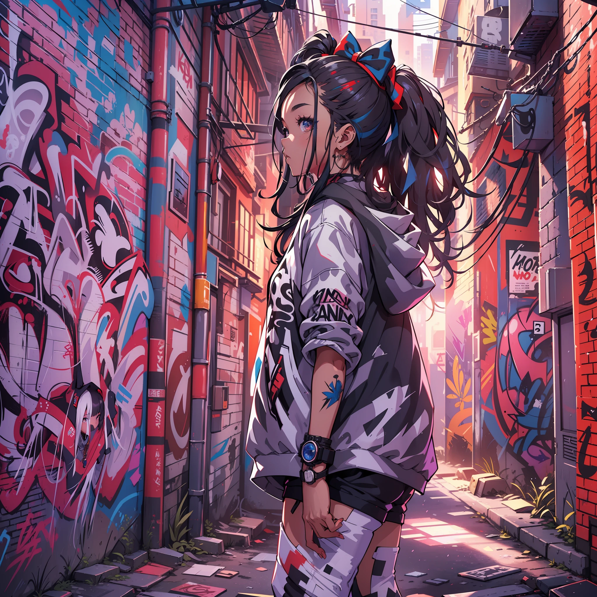 One Girl In A Back Alley、(Super Detail)、(8K)、((Hip Hop Fashion))、(graffiti wall)、(full body Esbian)、(hyperdetailed face)、(Detailed feet)、(Detailed hand)、(Cool Face)、(Standing)、(low angles)