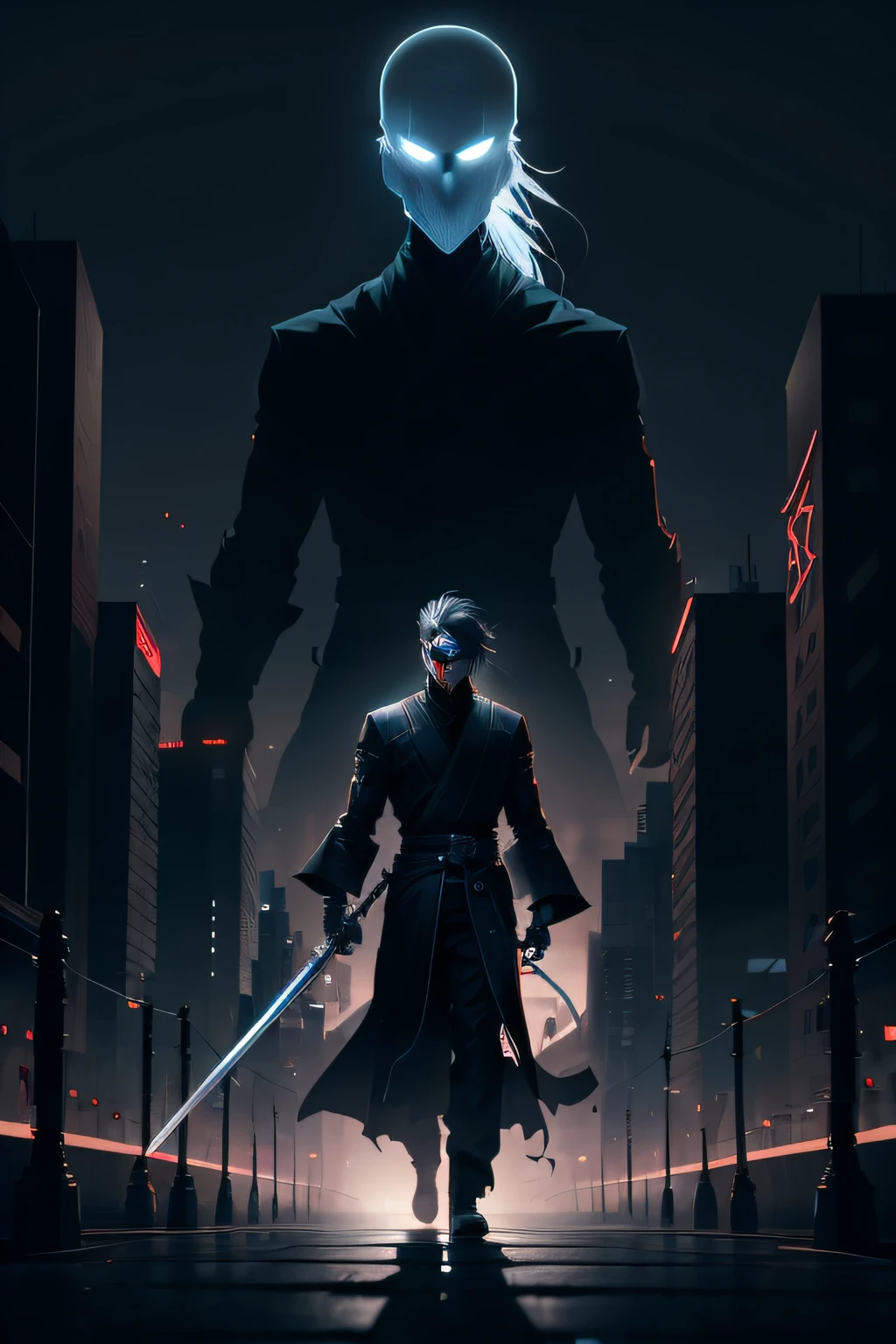 Image of a man with a sword in the city, badass anime 8 k, very beautiful cyberpunk samurai, cyberpunk samurai, Portrait of a cyberpunk samurai, urban samurai, dark cyberpunk illustration, dan mumford tom bagshaw, digital cyberpunk anime art, anime cyberpunk art, cyberpunk anime art, Anime Art Wallpapers 8K, Hackneyed technology. neo noir style