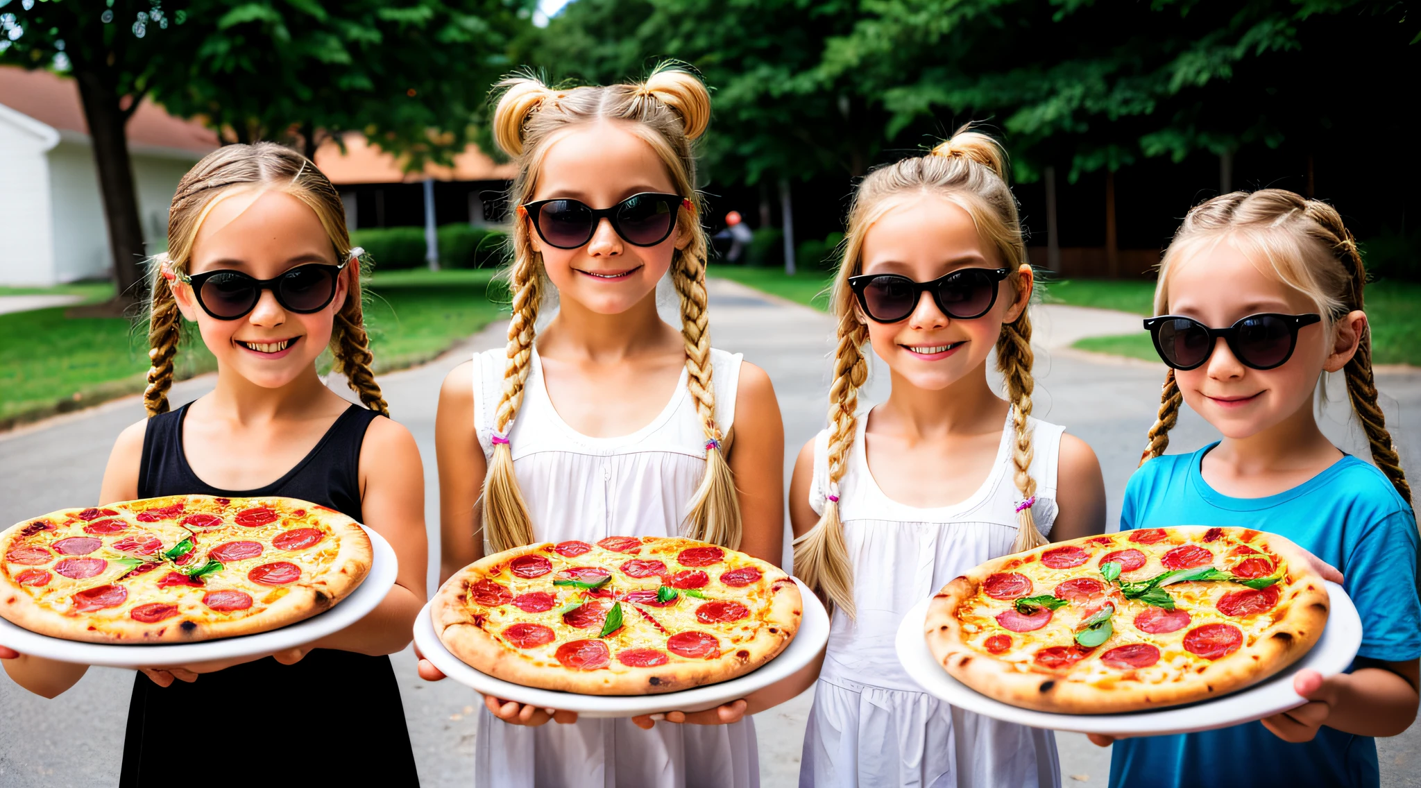 Three blonde girls children in braids with sunglasses holding a pizza.