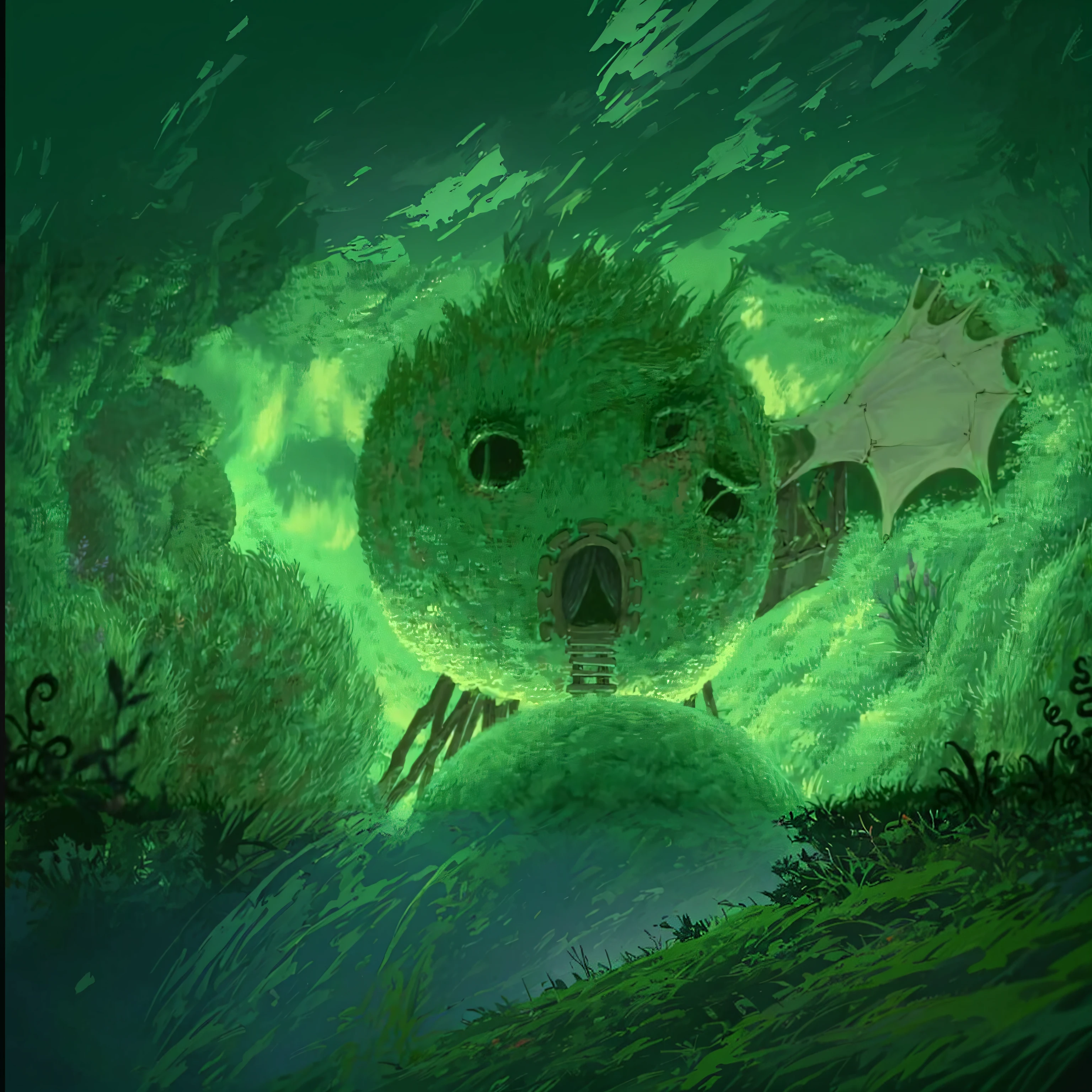 Close up of cartoon monster on green background, ghibli spirited away vibe, studio ghibli anime screenshot, cinematic studio ghibli still, studio ghibli smooth concept art, Ghibli Studio Environment, ghibli screenshot, in the studio ghibli anime film, Studio Ghibli stills, Studio Ghibli programme, Studio Ghibli stills, howls moving castle, Nausicaa Ghibli