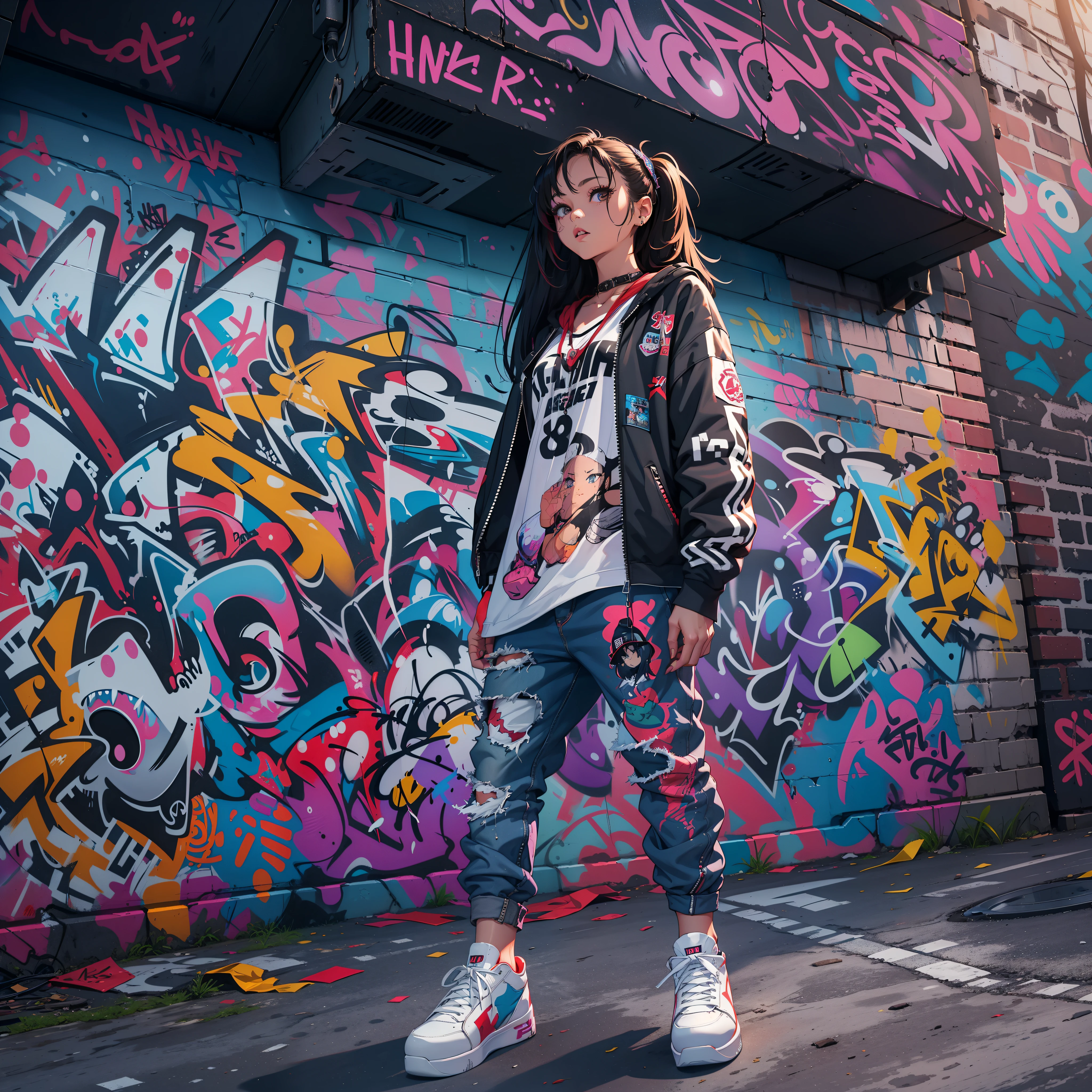 One Girl In A Back Alley、(Super Detail)、(8K)、((Hip Hop Fashion))、(graffiti wall)、(full body Esbian)、(hyperdetailed face)、(Detailed feet)、(Detailed hand)、(Cool Face)、(Standing)