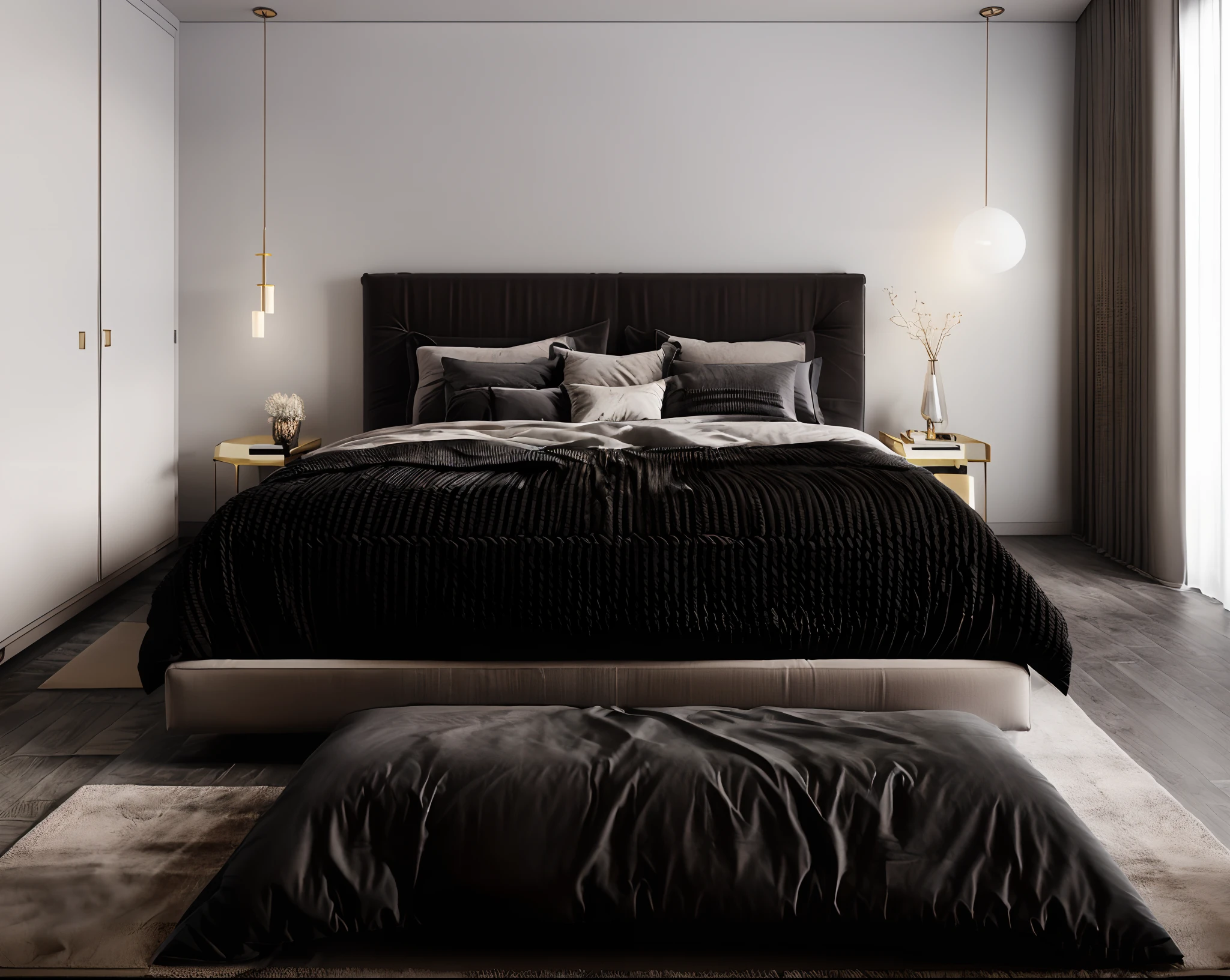 a close up of a bed in a bedroom with a large bed, dark bedroom, bed room, luxury hd render, dim bedroom, dark and modern, serene bedroom setting, vray 8k render, 8k vray render, with vray, high-quality render, high quality 3 d render, high quality 3d render, vray render