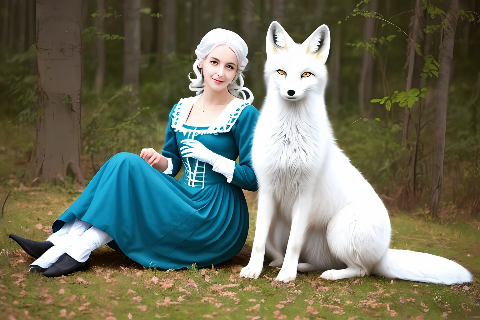 White fox with beautiful woman in period costume