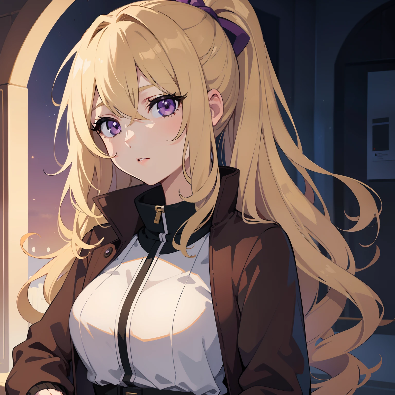 1girl, masterpiece, beautiful face, perfect lighting, portrait, anime characters, original character, digital art, sharp detail, Kyoto animation style, woman, adult, gorgeous face, blonde wavy hair, ponytail, purple eye pupil, brown winter jacket, light brown clothes, cut off on bottom torso, European