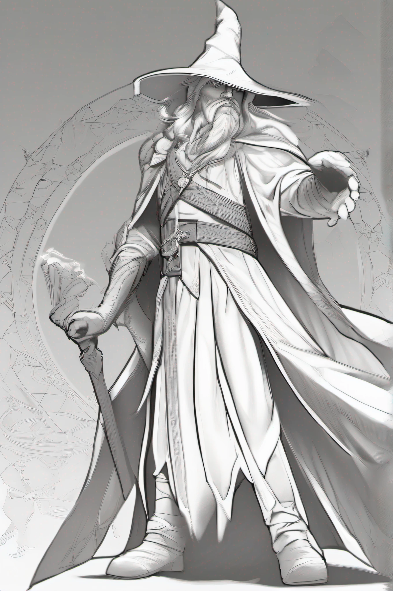 a wizard, fantasy character design, rpg concept art character, realistic 2d drawing, magical fantasy 2 d concept art, character design from d & d, rpg character concept art, (full body), dynamic pose, monochrome, lineart for coloring book, white background, no background, well drawn, simple line art