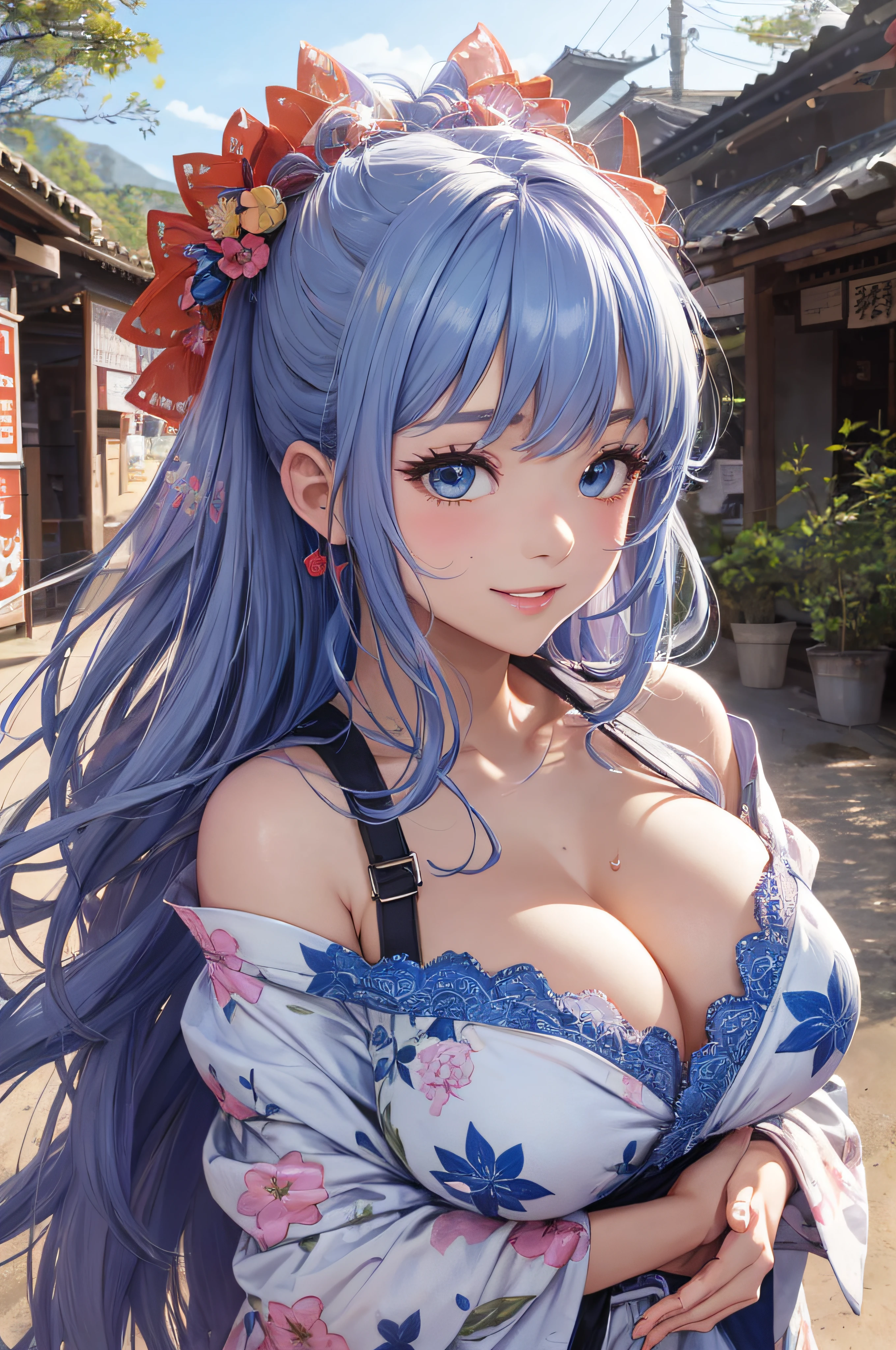 8K picture quality、top-quality、masutepiece、An ultra-high picture quality、ultra-detailliert、Ultra-realistic hair quality、Vibrant colors、Beautuful Women、Beautiful long hair、Shiny hair、detailed hairs、blue hairs、poneyTail、Blue eyes、shinny skin、Lace underwear、Very gigantic-breasts、Sweat on the forehead and cheeks、extremely big ass、Fluffy off-shoulder yukata、A smile、soft pink lips、Ultra-realistic flesh feeling、Red cheeks、summer festival in background