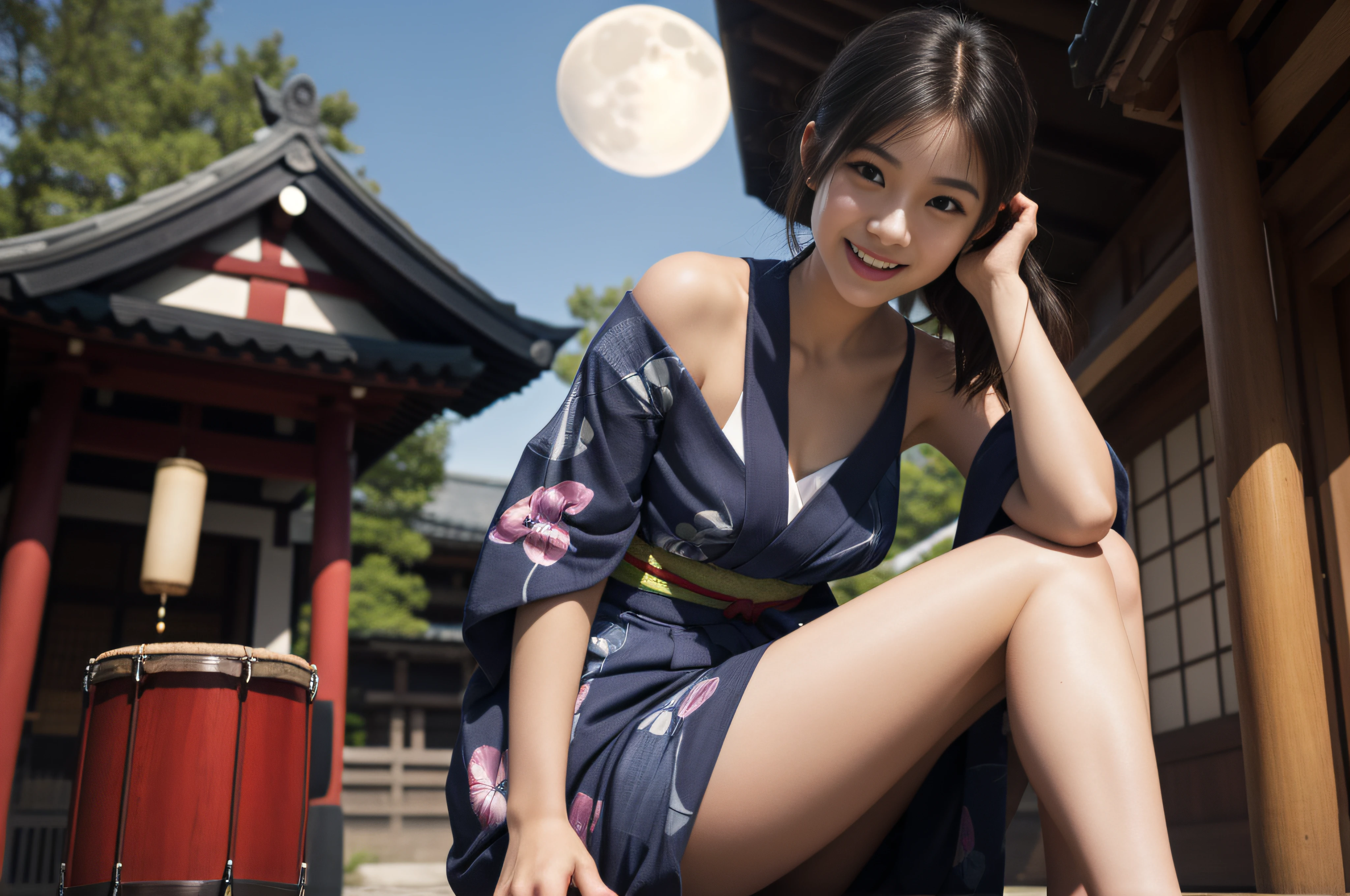(filmgrain:1.4),(Fuji colors:1.2), No makeup,Clear pores,1 cute Japanese girl, 26 year old, Solo, Extremely detailed eye clarity,Detailed skins,Realistic skin texture,Real skin texture,Highly Detailed Face and Skin Textur,(D cup,broad shoulder,Small round buttocks,Small head, Slender thighs, Slender calves, Wear a long yukata), (cabelos preto e longos/Hippie fever/Hair tied), (Laughing heartily),(In front of a Japanese temple, Behind the girl lay taiko drums of different sizes, The girl is playing a drum), Beautiful starry sky, themoon, 真实感:1.3,Dynamic shots:1.2, Large close-up of the girl's face, Ultra photo realsisim,Photo realism,Add noise:1.5, Doji diffraction, Action:0.6,