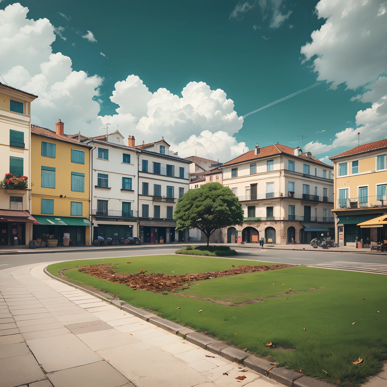 In a town square, with green trees, with dried leaves on the ground on the grass quite green and clean, birds, buildings on the sides of the square, bancos de madeiras pintado a branco, In the middle, highlighted, garbage baskets for paper, plastic, bags... overcast skies, estilo anime.