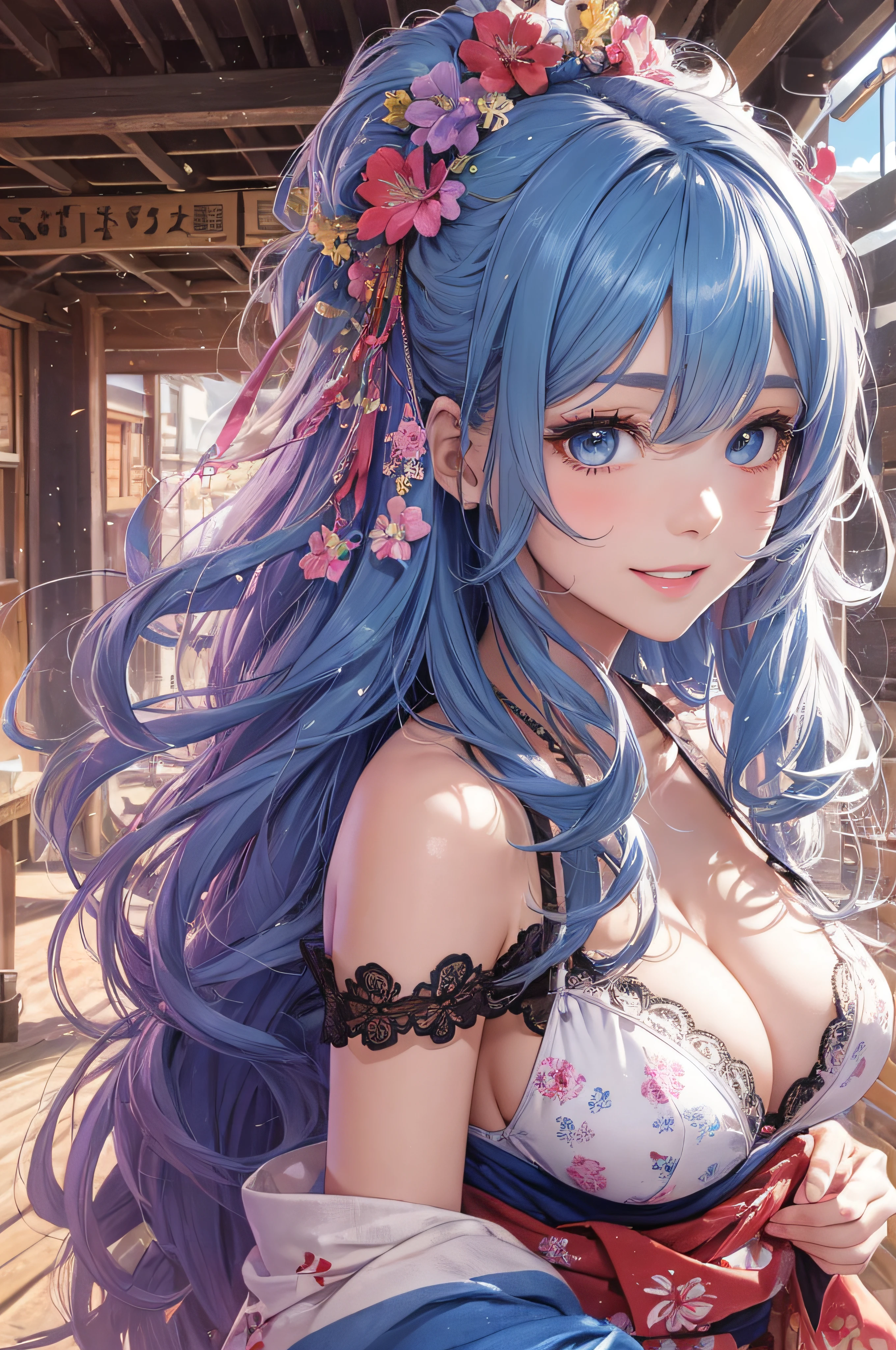 8K picture quality、top-quality、masutepiece、An ultra-high picture quality、ultra-detailliert、Ultra-realistic hair quality、Vibrant colors、Beautuful Women、Beautiful long hair、Shiny hair、detailed hairs、blue hairs、poneyTail、Blue eyes、shinny skin、Lace underwear、Very gigantic-breasts、Sweat on the forehead and cheeks、extremely big ass、Fluffy off-shoulder yukata、A smile、soft pink lips、Ultra-realistic flesh feeling、Red cheeks、summer festival in background