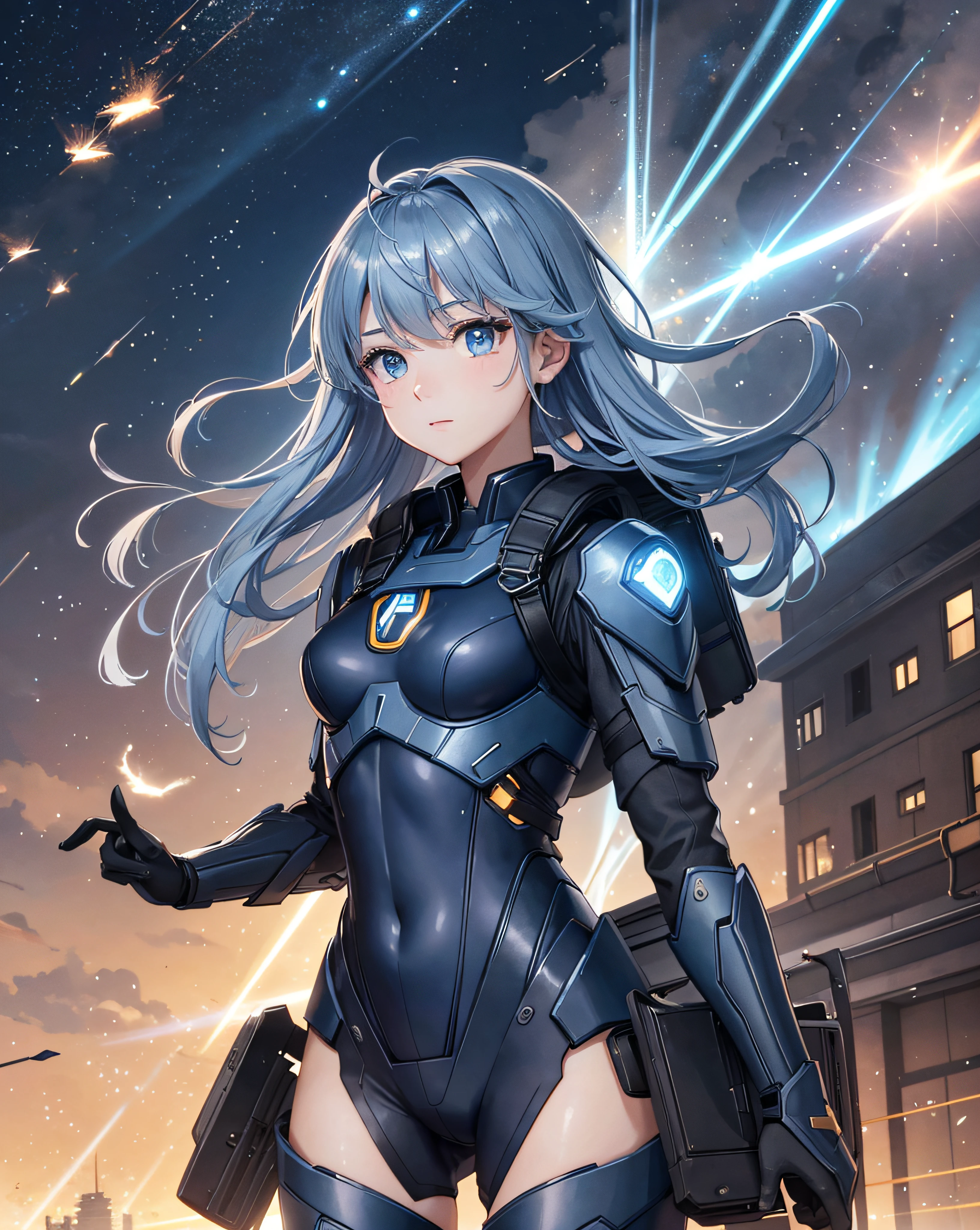 BREAK、1girl in、独奏、looking at the viewers、(young cute beautiful 18-year-old girl:1.1)、3D顔、beautiful a girl、beautiful countenance、cute little、Girlface、Kpop Idol、super model、Stunning innocent symmetrical face、(Hands of Guido Daniele)、Perfect body、Medium Breasted、Slim waist、Slim legs、(High Detail Skins:1.2)、radiant eyes、goddes、natural skin textures、shinny skin、de pele branca、beautifull detailed face、A detailed face、Authentic skin texture、Cute delicate face、finerly detailed face、the golden ratio、Golden Ratio Face、Expressive eyes、face perfect、flawless skin、Clear face、shinny hair、Proper body proportions、perfect anatomia、realistic skin textures、luscious lips、shiny lips、Natural makeup、Beautiful bright pupils、Slender figure、intricate eyes、Detailed pupils、 finely detailed face and eyes、long eyeslashes、red blush、Good Hand、perfect hand、Clean face、beautiful female bodies、Fine fine skin、oily shiny skin、(((((Mechanical halo、Star Hello、Complex mechanical bodysuit、Navy blue and black and white bodysuit、full armor、(Colorful glow floating:1.2)、(Energy Beam:1.3)、(Highly detailed worn metal texture:1.3)、scientific fiction、(Dark blue hair、Navy Blue theme、Blue coloring、Blue eyes:1.3)、Very long hair、(A human who emits an aura from his body:1.4)、(Blue Solo、Lone Girl、Japan Faces、short-cut、lightonface、Slim body、exoskeleton、metal gear、Cyberpunk style、（the perfect body：1.4）、Glittering blue colored eyes、Black and navy blue bodysuit、Tight Fit Clothing、Clothing that covers the whole body、Clothes that hide the skin、extremely delicate and beautiful、detailed skins、Slim body、Gentle smile、heroine、long boots、Gloves up to the elbow、Clothes that hide the skin、front facing、The energy light that turns towards the viewer is emitted from the body:1.4)、(Whole human body:2)、(lightning discharge lightning effects:1.2)、(Electrocution:1.3)、(Luminescent particles:1.4)、Hold the gun、buttle、(electric sparks、spark of light、Flying bullets、Dodge bullets、Buildings hit by missiles、Future technology drones hit laser weapons:1.3)、Adventurous appearance、stary sky、Colorful refraction、World of Wormholes、futuristic city street、cyberpunked、makina、 Very metallic texture、Neon light、(Night:1.4)、the wind、Rembrandt lighting、Space Warp、Fog、Pixel art、game art、key visual、Surreal、PBR Texturing、Anisotropy Filtering、Maximum clarity and sharpness、Albedo and specular maps、Multilayer Texture、Surface Shading、sub-pixel convolution、Accurate simulation of light-material interactions))))、(pureerosface_v1:0.5)、(ulzzang-6500:0.5)、(nffsw:0.6)、Facing the viewer、Future bride、Legendary girl、Childhood、Super lucky、Save the world、Future daughter-in-law、Compassion、Manifest in reality、Help me、Erudition、Intelligent、Eternal Life、Outstanding motor nerves、Have a sense of humor、One Love、dynamic ungle、Dynamic Actions、kindliness、Unremitting Love、Eternal youth、Always with you、Disease-free、Language proficiency、Lovesickness and love、Man of fate、Time Traveler、Kayowasa、vivaciousness、I feel energized when I'm with you))、(time machine、Beyond Time and Space、quantum computer、Transcendent、Big bang、How it all began、Skyscraper、Weapons of the future、rucksack、World conquest、leeway、rescue、Stargate、Encounters with the unknown、The real world、Planktonic、embers、battle field、Volumetric fog、Gray fog、fumo、 explosions、Apocalyptic、destroyed city background、buildings on fire:1.3)、