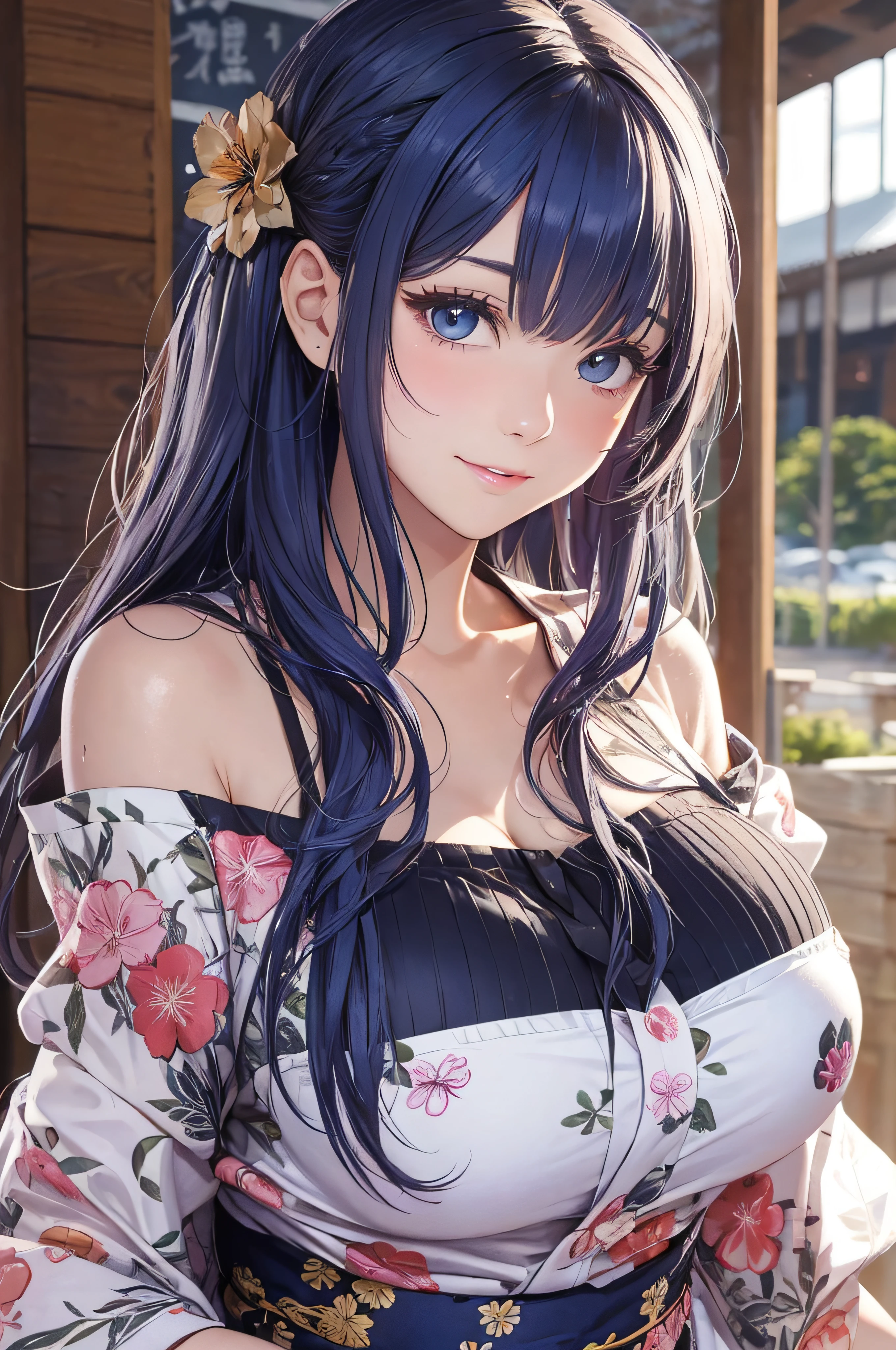 8K picture quality、top-quality、masutepiece、An ultra-high picture quality、ultra-detailliert、Ultra-realistic hair quality、Vibrant colors、Beautuful Women、Beautiful long hair、Shiny hair、detailed hairs、blue hairs、poneyTail、Blue eyes、shinny skin、Lace underwear、Very gigantic-breasts、Sweat on the forehead and cheeks、extremely big ass、Fluffy off-shoulder yukata、A smile、soft pink lips、Ultra-realistic flesh feeling、Red cheeks、summer festival in background