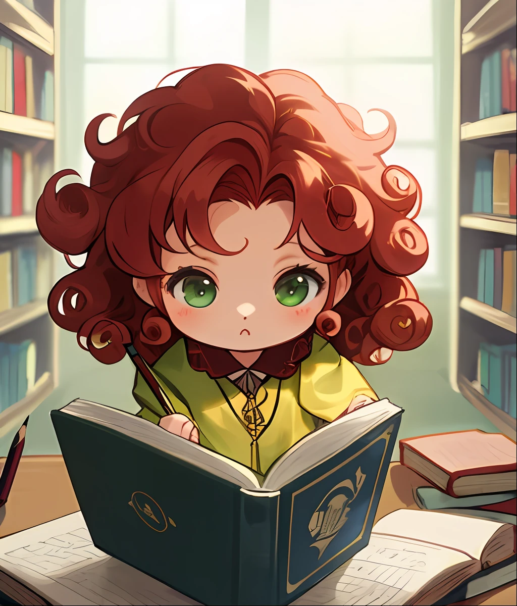 Ruiva, olhos verdes,sentada, lendo, biblioteca howgarts, pencils curly hair, chibi