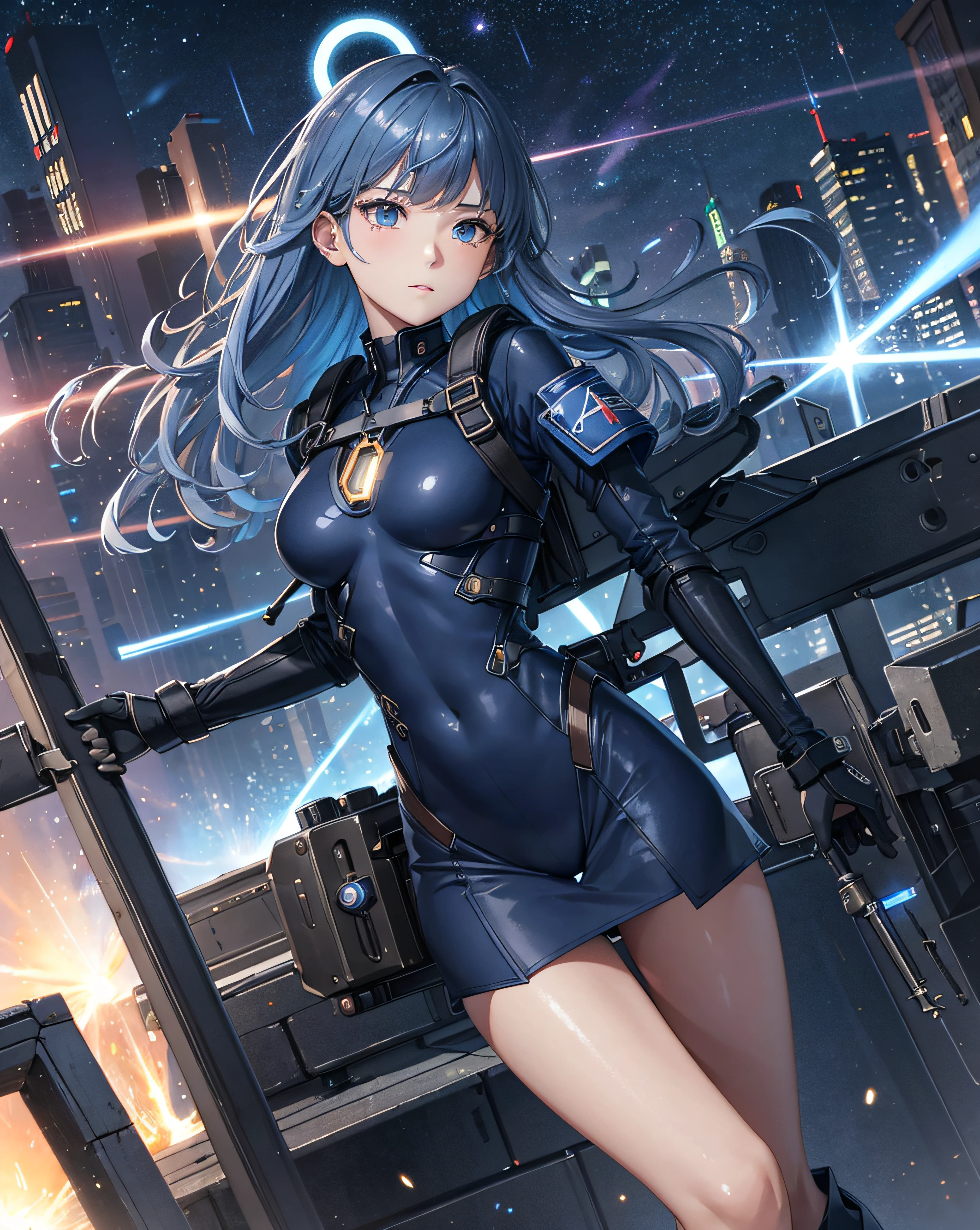 BREAK、1girl in、独奏、looking at the viewers、(young cute beautiful 18-year-old girl:1.1)、3D顔、beautiful a girl、beautiful countenance、cute little、Girlface、Kpop Idol、super model、Stunning innocent symmetrical face、(Hands of Guido Daniele)、Perfect body、Medium Breasted、Slim waist、Slim legs、(High Detail Skins:1.2)、radiant eyes、goddes、natural skin textures、shinny skin、de pele branca、beautifull detailed face、A detailed face、Authentic skin texture、Cute delicate face、finerly detailed face、the golden ratio、Golden Ratio Face、Expressive eyes、face perfect、flawless skin、Clear face、shinny hair、Proper body proportions、perfect anatomia、realistic skin textures、luscious lips、shiny lips、Natural makeup、Beautiful bright pupils、Slender figure、intricate eyes、Detailed pupils、 finely detailed face and eyes、long eyeslashes、red blush、Good Hand、perfect hand、Clean face、beautiful female bodies、Fine fine skin、oily shiny skin、(((((Mechanical halo、Star Hello、Complex mechanical bodysuit、Navy blue and black and white bodysuit、full armor、(Colorful glow floating:1.2)、(Energy Beam:1.3)、(Highly detailed worn metal texture:1.3)、scientific fiction、(Dark blue hair、Navy Blue theme、Blue coloring、Blue eyes:1.3)、Very long hair、(A human who emits an aura from his body:1.4)、(Blue Solo、Lone Girl、Japan Faces、short-cut、lightonface、Slim body、exoskeleton、metal gear、Cyberpunk style、(the perfect body:1.4)、Glittering blue colored eyes、Black and navy blue bodysuit、Tight Fit Clothing、Clothing that covers the whole body、Clothes that hide the skin、extremely delicate and beautiful、detailed skins、Slim body、Gentle smile、heroine、long boots、Gloves up to the elbow、Clothes that hide the skin、front facing、The energy light that turns towards the viewer is emitted from the body:1.4)、(Whole human body:2)、(lightning discharge lightning effects:1.2)、(Electrocution:1.3)、(Luminescent particles:1.4)、Hold the gun、buttle、(electric sparks、spark of light、Flying bullets、Dodge bullets、Buildings hit by missiles、Future technology drones hit laser weapons:1.3)、Adventurous appearance、stary sky、Colorful refraction、World of Wormholes、futuristic city street、cyberpunked、makina、 Very metallic texture、Neon light、(Night:1.4)、the wind、Rembrandt lighting、Space Warp、Fog、Pixel art、game art、key visual、Surreal、PBR Texturing、Anisotropy Filtering、Maximum clarity and sharpness、Albedo and specular maps、Multilayer Texture、Surface Shading、sub-pixel convolution、Accurate simulation of light-material interactions))))、(pureerosface_v1:0.5)、(ulzzang-6500:0.5)、(nffsw:0.6)、Facing the viewer、Future bride、Legendary girl、Childhood、Super lucky、Save the world、Future daughter-in-law、Compassion、Manifest in reality、Help me、Erudition、Intelligent、Eternal Life、Outstanding motor nerves、Have a sense of humor、One Love、dynamic ungle、Dynamic Actions、kindliness、Unremitting Love、Eternal youth、Always with you、Disease-free、Language proficiency、Lovesickness and love、Man of fate、Time Traveler、Kayowasa、vivaciousness、I feel energized when I'm with you))、(time machine、Beyond Time and Space、quantum computer、Transcendent、Big bang、How it all began、Skyscraper、Weapons of the future、rucksack、World conquest、leeway、rescue、Stargate、Encounters with the unknown、The real world、Planktonic、embers、battle field、Volumetric fog、Gray fog、fumo、 explosions、Apocalyptic、destroyed city background、buildings on fire:1.3)、