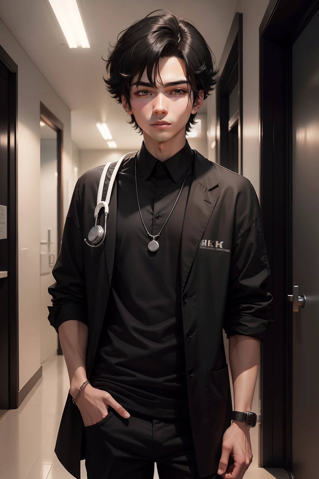 high quality, 8k, 18 years old boy black medium hair, medical student,aesthetic old anime