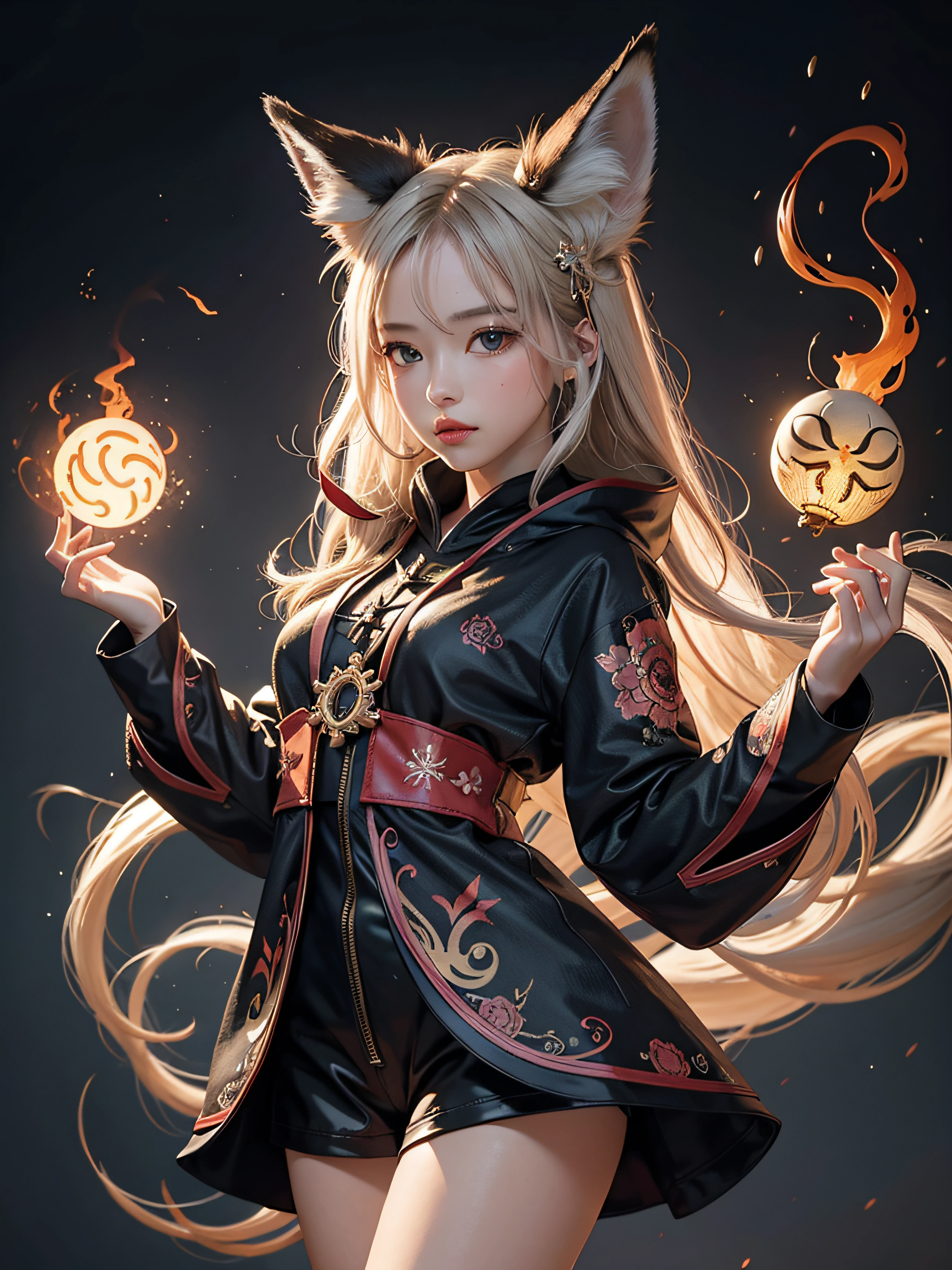 1girl, solo, official art, unity 8k wallpaper, ultra detailed, beautiful and aesthetic, masterpiece, best quality, photorealistic, (abstract background) (zentangle, mandala, tangle, entangle background:0.7) Kitsune, fox mask, haori jacket, foxfire spell, fox familiar, transformation, depth of field, Fantastical Atmosphere, the most beautiful form of chaos, elegant, a brutalist designed, flower of death, ecstasy of flower