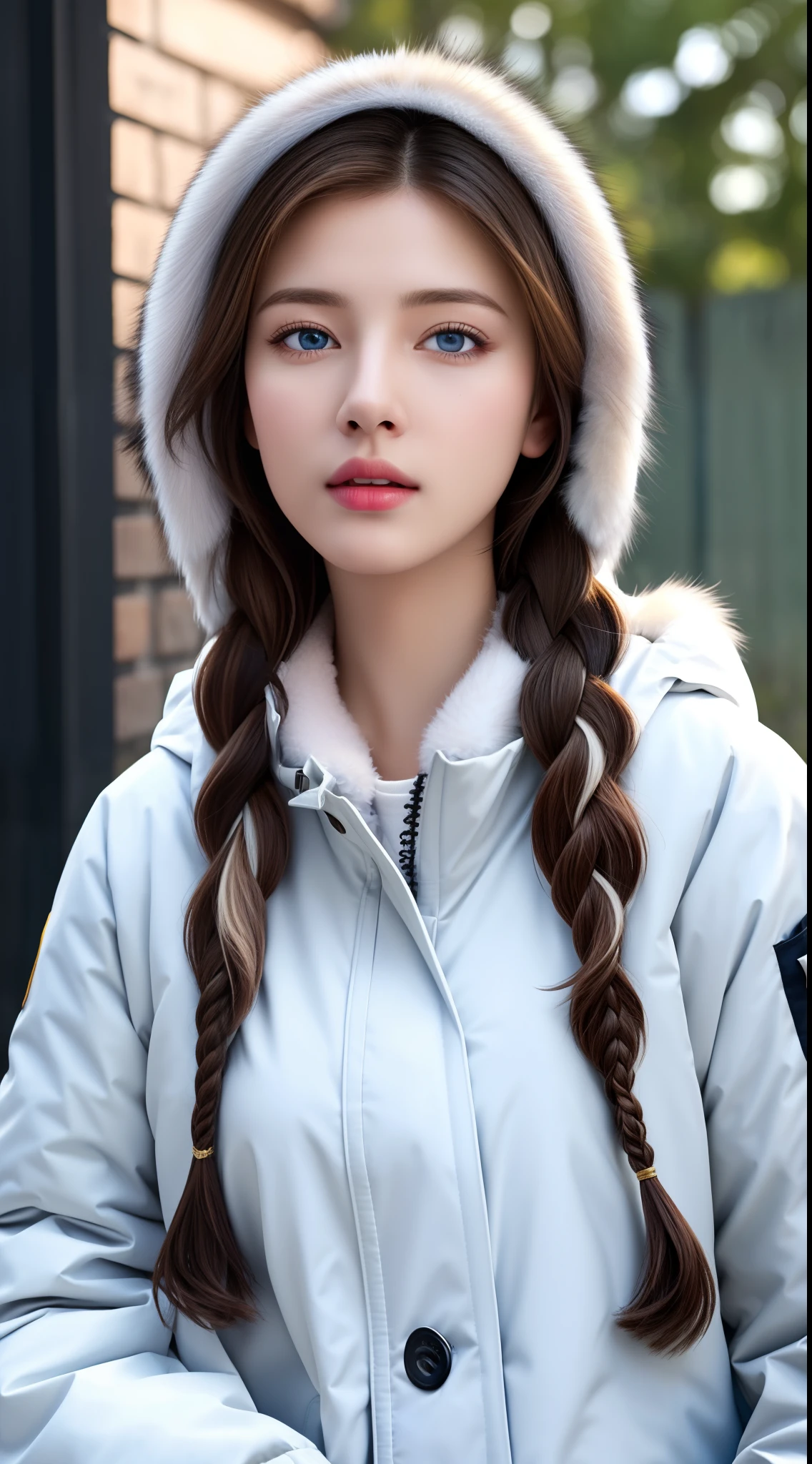 (hyperrealistic), (illustration), (high resolution), (8K), (extremely detailed), (best illustration), (beautiful detailed eyes), (best quality), (ultra-detailed), (masterpiece), (wallpaper), (photorealistic:1.4), (natural light), (rim lighting), (detailed face), high detailed realistic skin texture, anatomically correct, solo, 1 girl, (high detailed realistic long white hair:1.5), (two braided hair:1.4), heterochromic eyes, (detailed blue eyes), small moles under the eyes, (realistic big breasts:1.5), long legs, tight abs, dynamic pose, (closed mouth:1.4), (long white Parka with fur only at the collar:1.4), (upon body from head to thighs:1.4), (Beautiful Cute Pakistani Woman:1.55), standing, outdoor, snowing, winter, black sport bra, black tennis skirt,