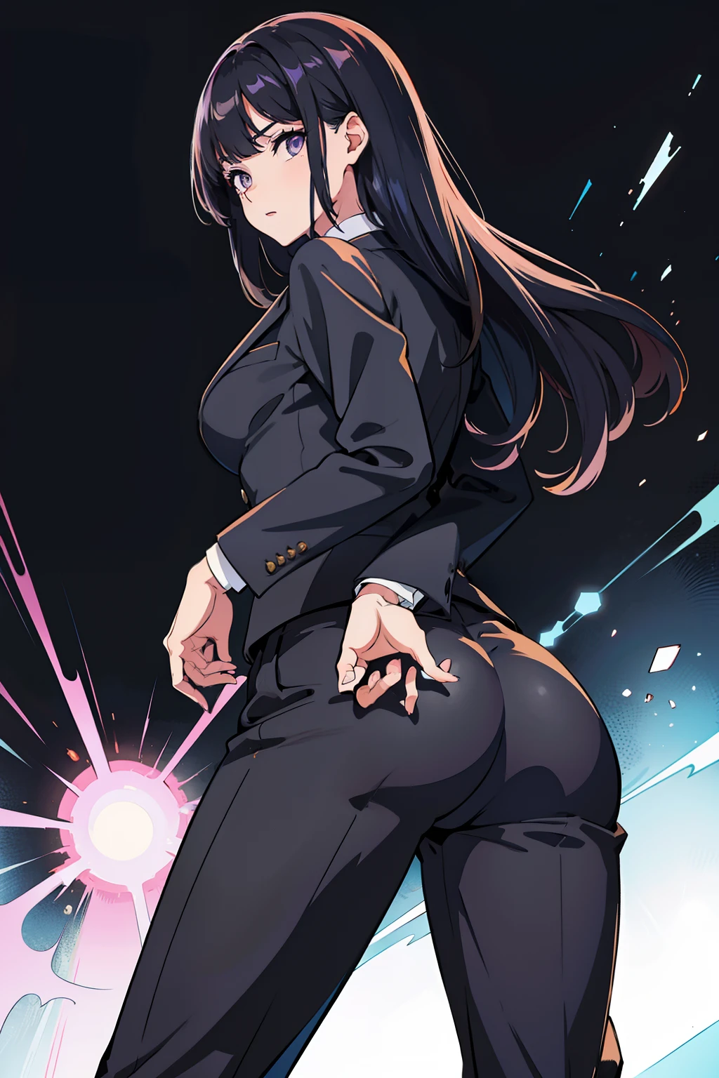 One cocked her ass,Beautiful woman in men's suit,long black hair,Suit trousers,Blue-purple eyes,The focus is on black clothing