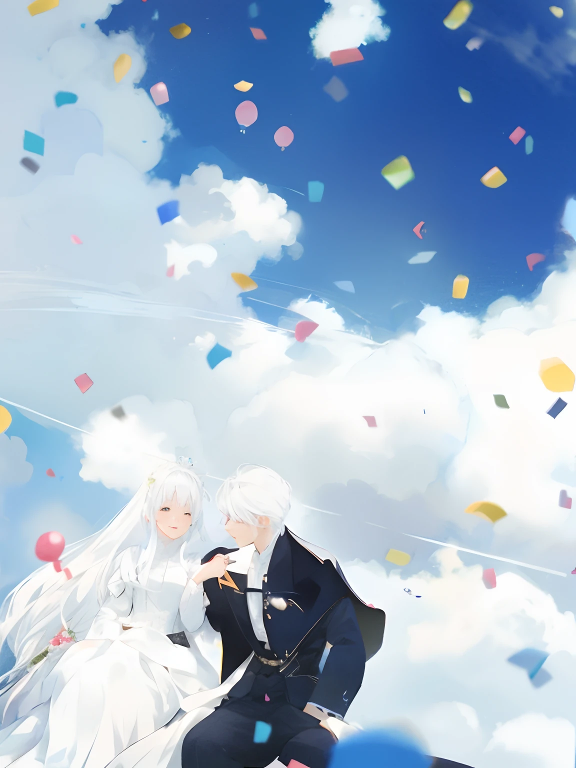 Anime couple wearing wedding dress,There are balloons in the sky,Float in the wonderland of white clouds。Beautiful tranquil scene of Pixiv match champion anime,They lay in the White Cloud Wonderland,There are white hair and white cloud hair。In works of art in the Guvez style,There are anime wallabies。