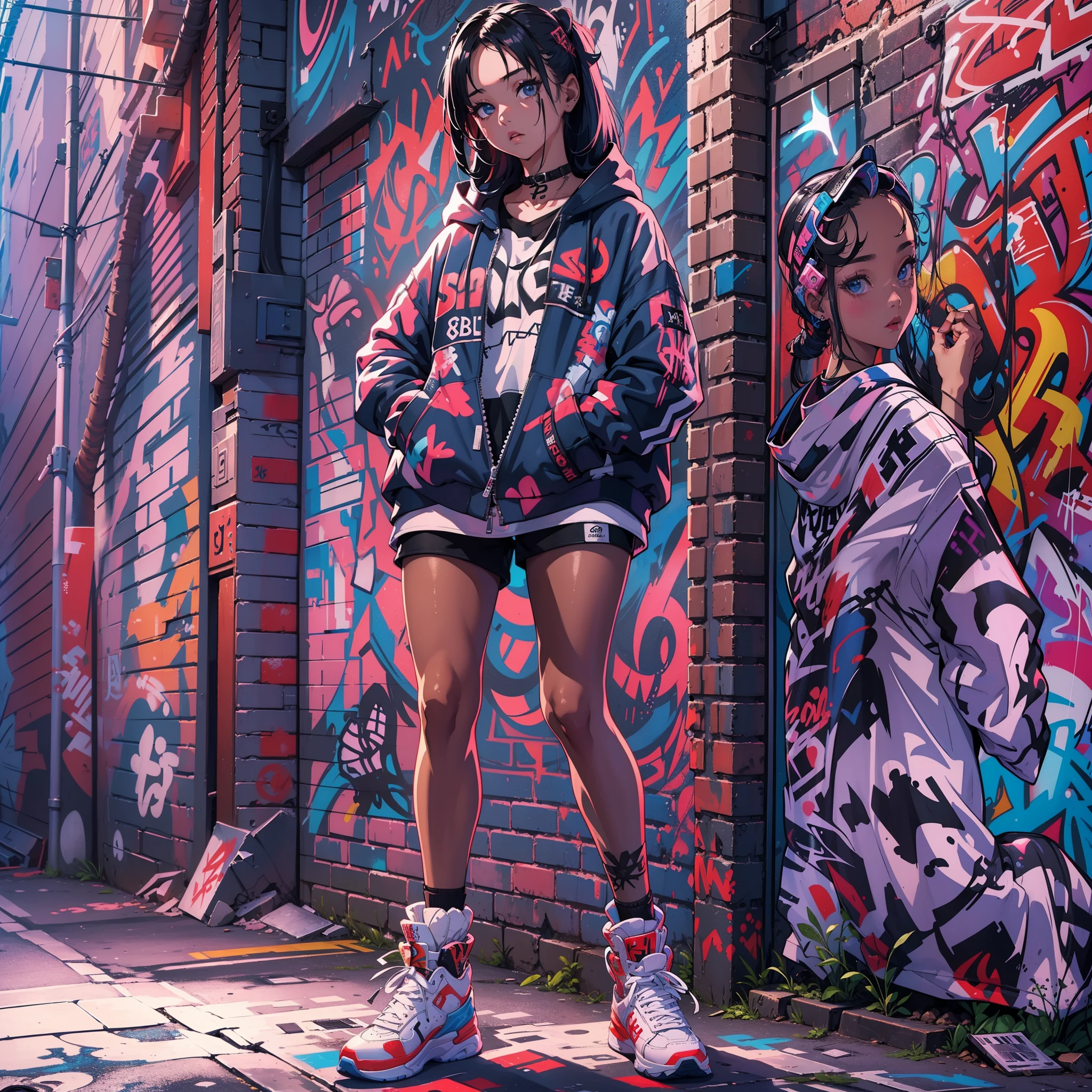 One Girl In A Back Alley、(Super Detail)、(8K)、((Hip Hop Fashion))、(graffiti wall)、(full body Esbian)、(hyperdetailed face)、(Detailed feet)、(Detailed hand)、(Cool Face)、(Standing)